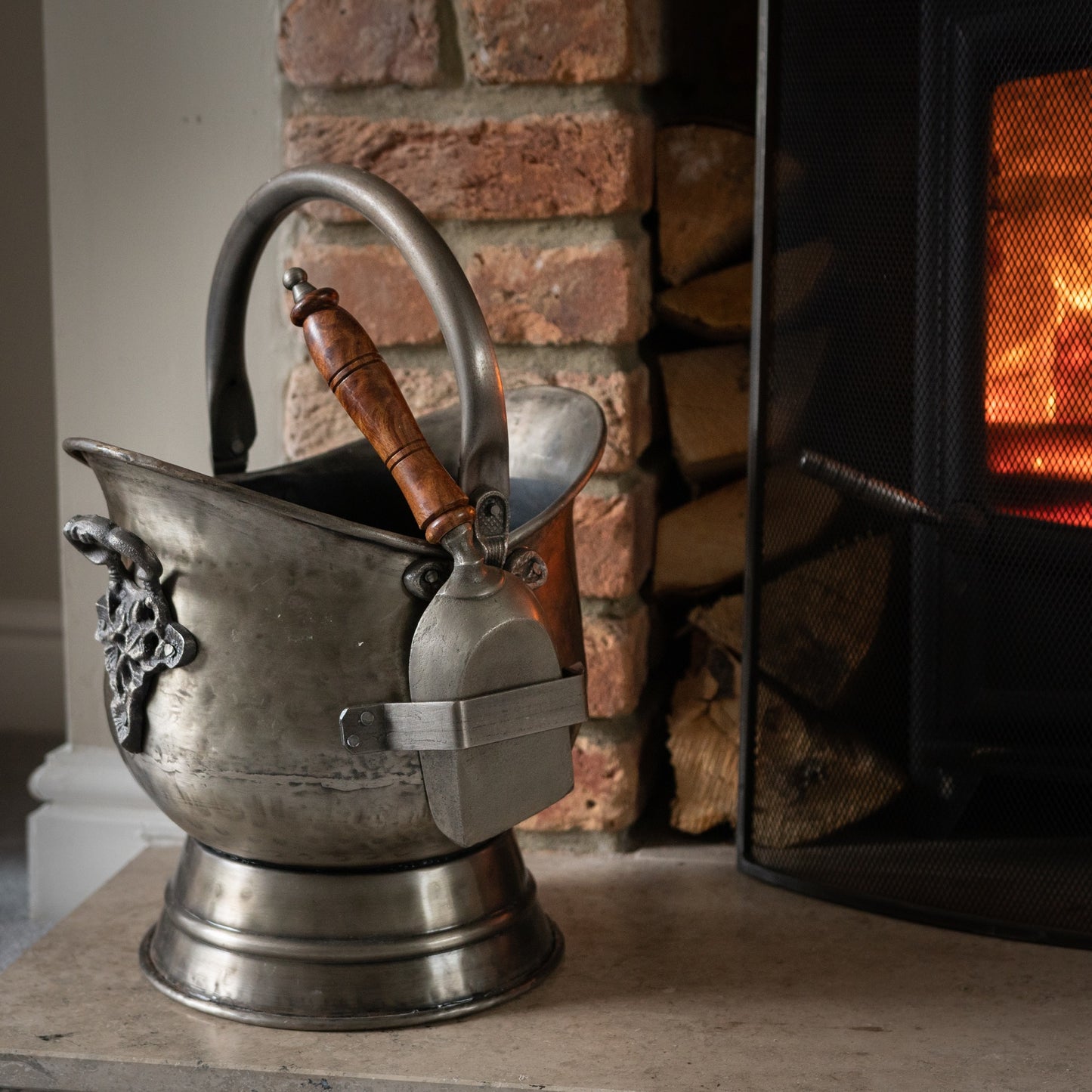 Pewter Coal Bucket & Teak-Handled Shovel Set