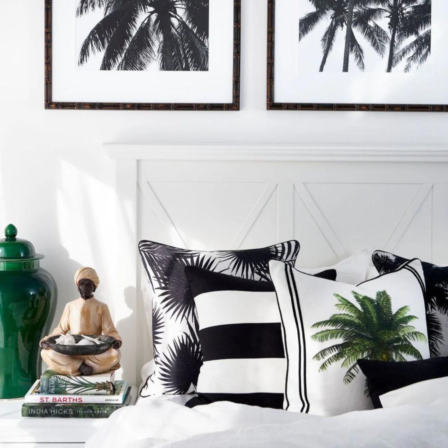 White, black and green cushion 50x50 Palm tropical coastal design