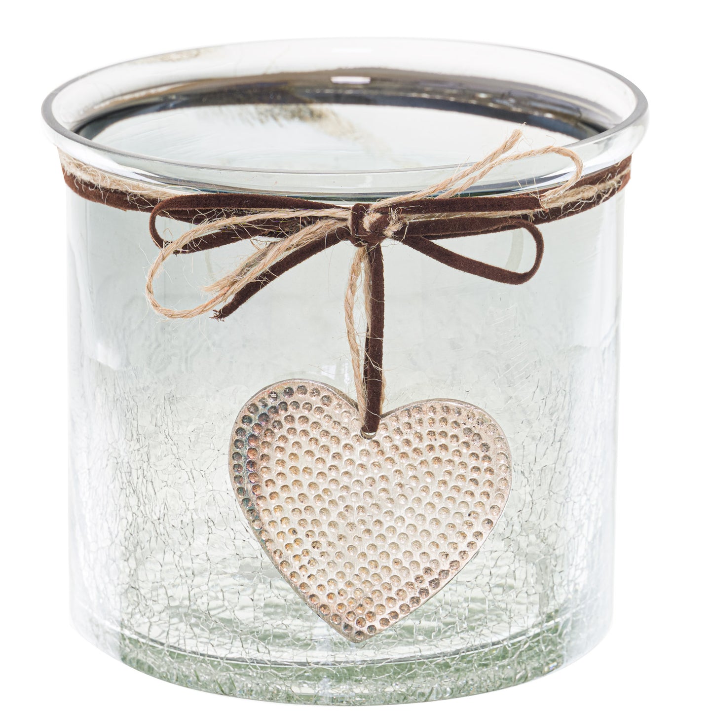 Smoked Glass Crackled Heart Medium Candle Holder 10cm