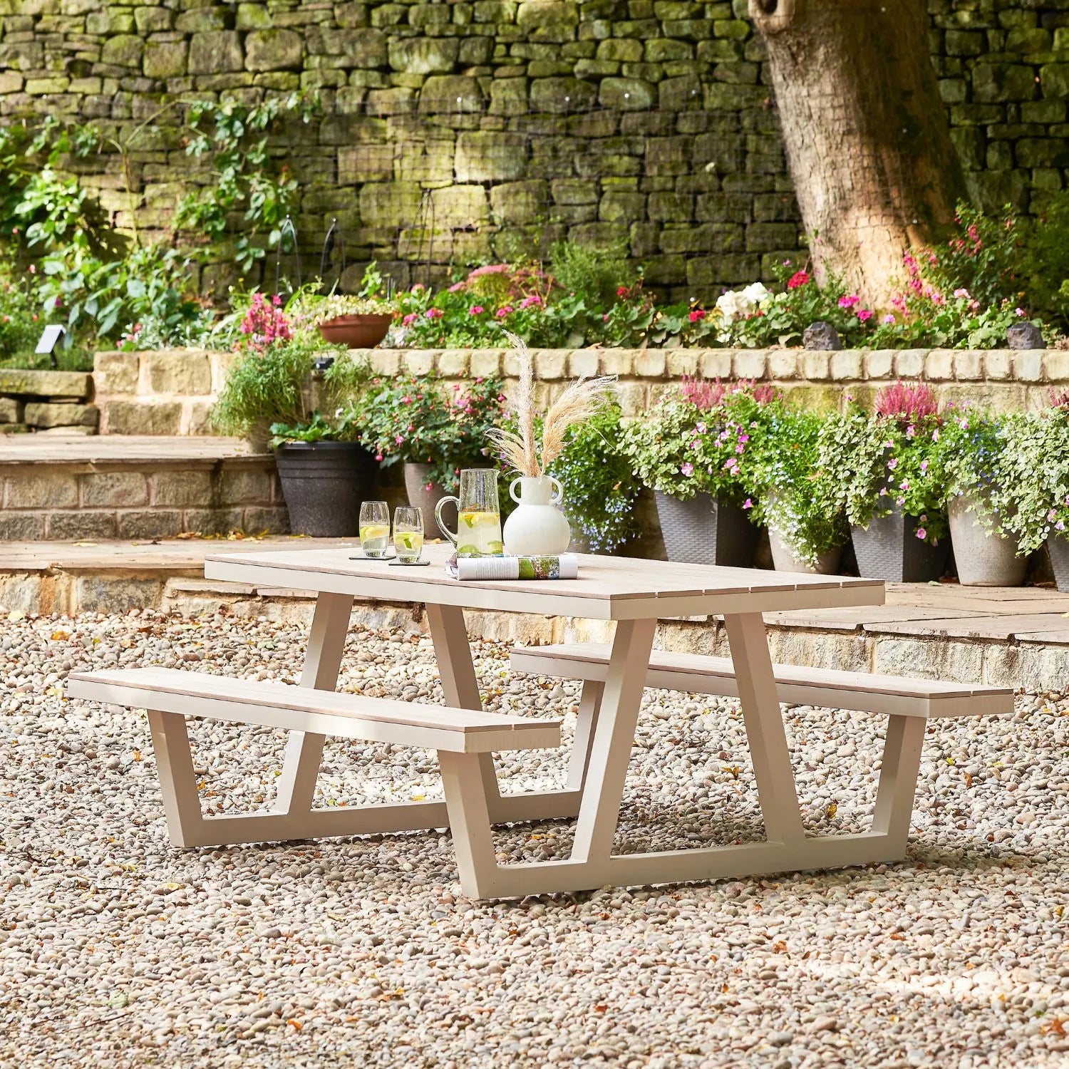 Grey Cream 6-Seater Outdoor Picnic Dining Bench Set with