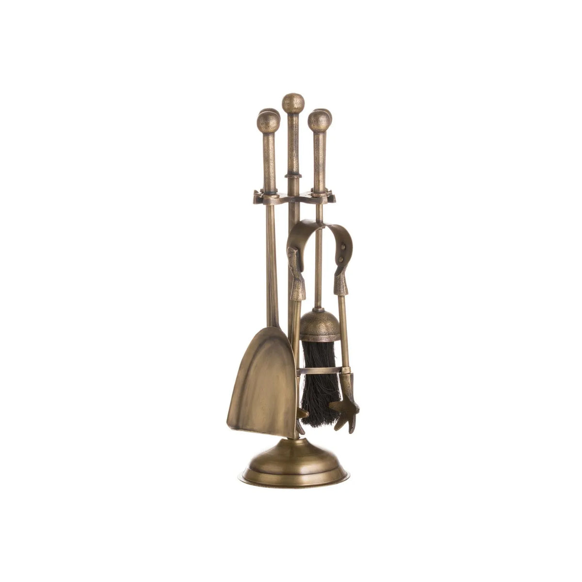 Antique Brass Fireside Companion Set with Ball-Topped Handles – 4 Piece Metal Fireplace Tool Set 40x12x12cm – Angled Front View | Click Style