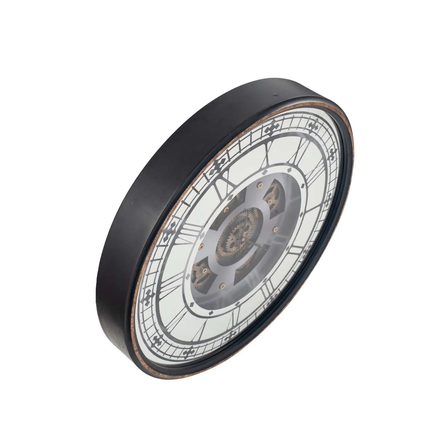 Antique Gold & Black Round Wooden Wall Clock with Roman Numerals Cog & Gear Design 60x60x8cm - Click Style