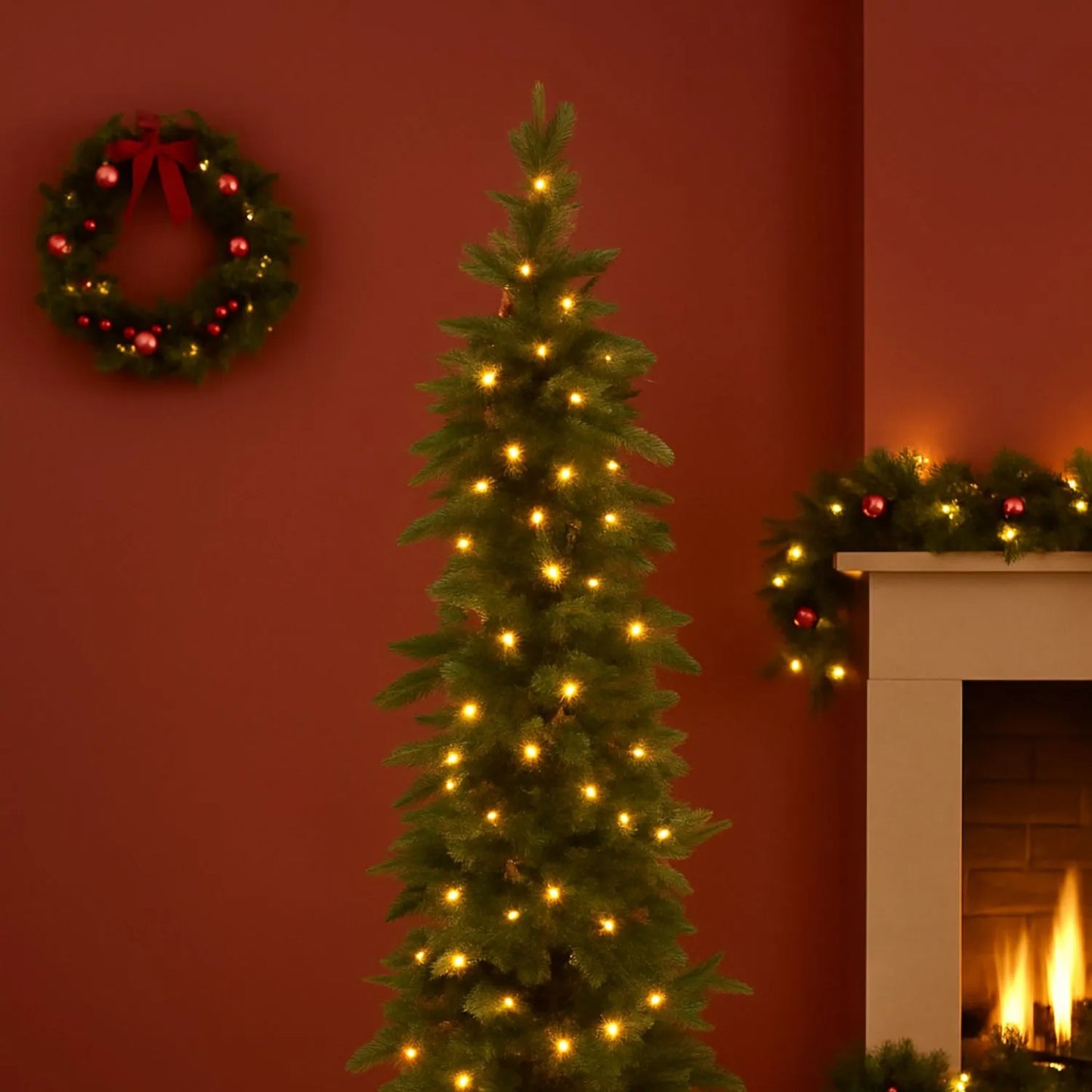 Artificial Green 7ft Slim Pre-Lit Christmas Tree with 200 Warm White LED Lights in Festive Living Room by Fireplace | Space-Saving Faux Fir Xmas Tree with Neutral Décor & Garlands | Click Style