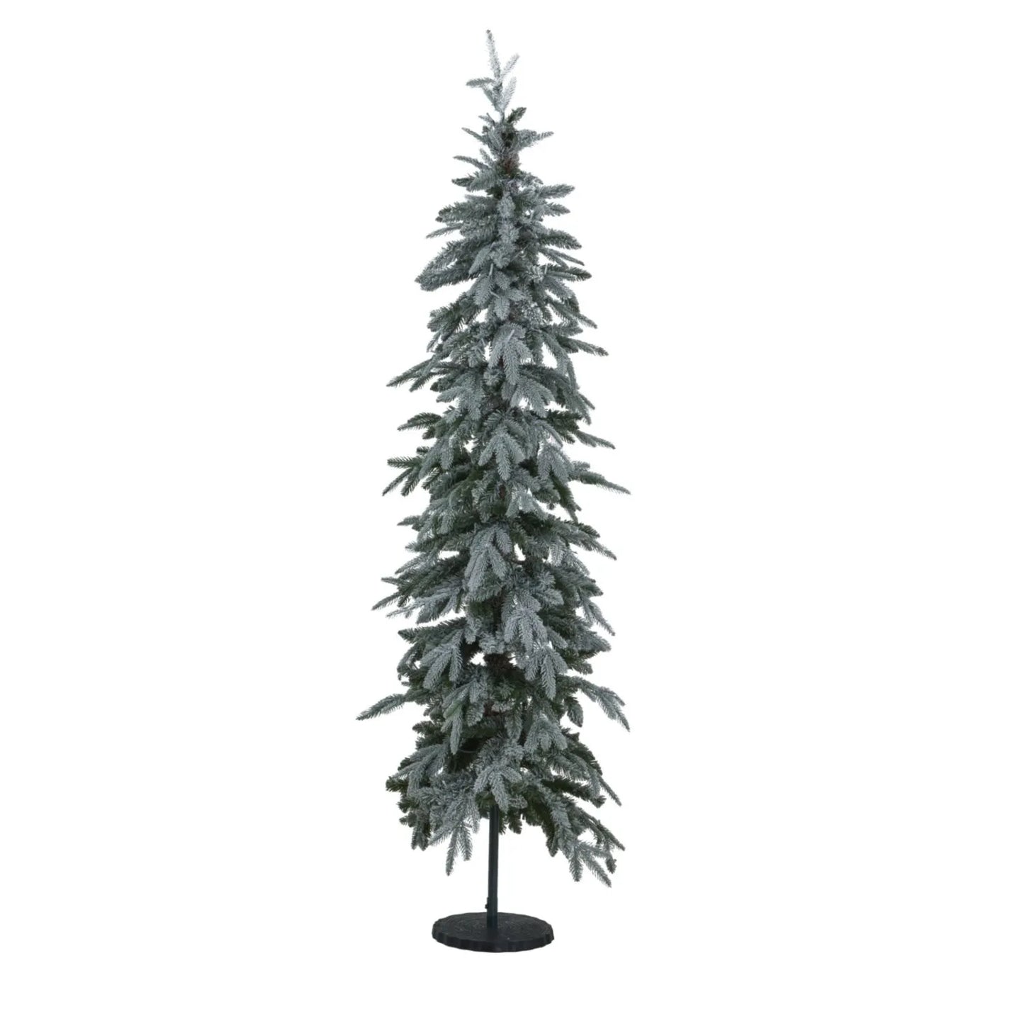 Artificial Snowy Green 7ft Pre-Lit Christmas Tree with 200 Warm White LED Lights – Slim Space-Saving Faux Fir Tree | Click Style
