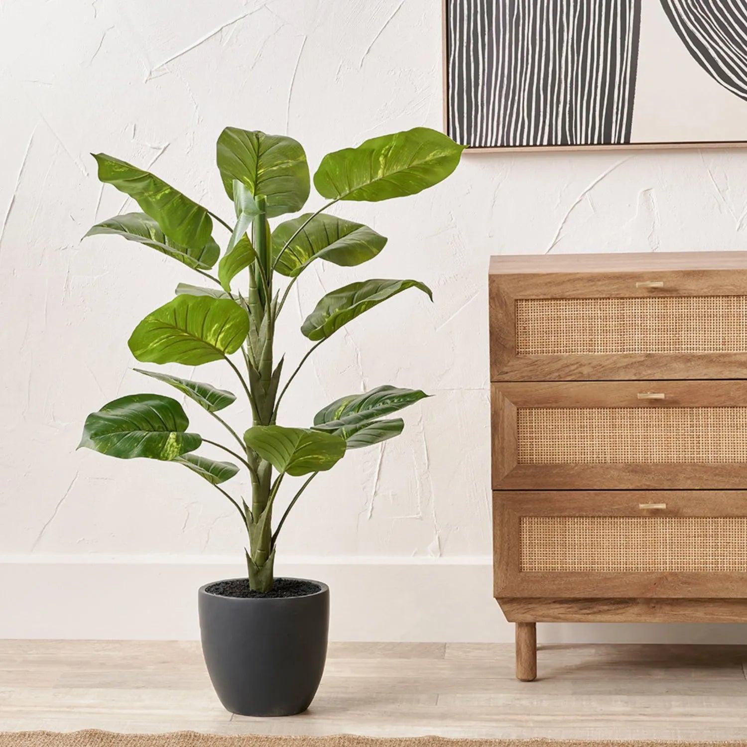 tall artificial indoor plants uk Artificial Tall Elephant Ear Plant with Dark Grey Pot – Realistic Faux – Click Style