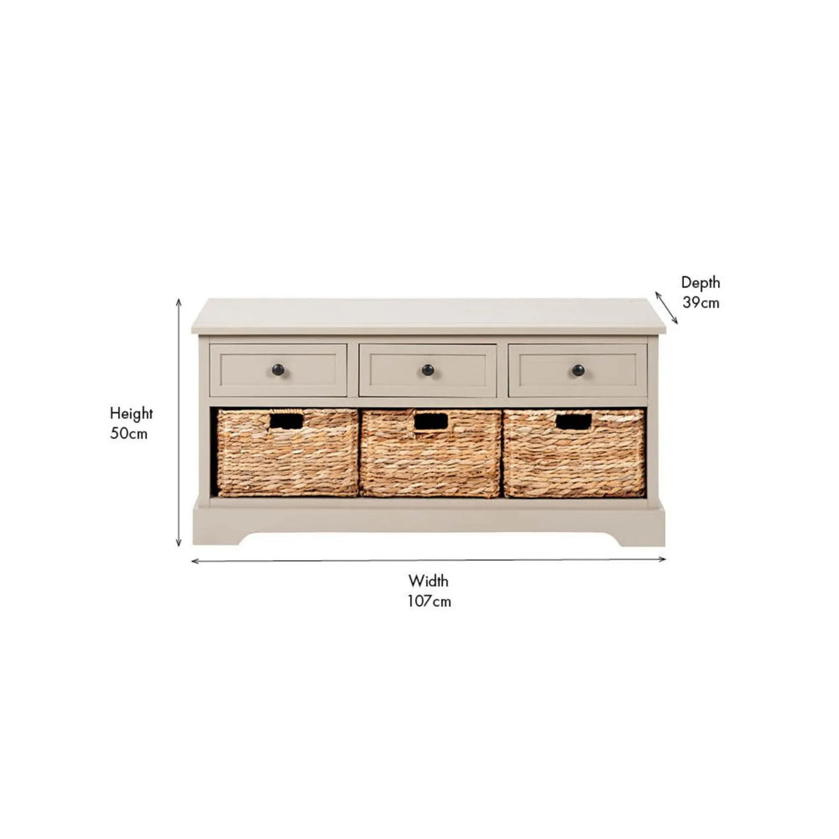 Beige Putty Pine Wood Storage Unit with 3 Drawers Black Handles & 3 Woven Banana Leaf Baskets 50x107x39cm – Front View with Dimensions | Click Style