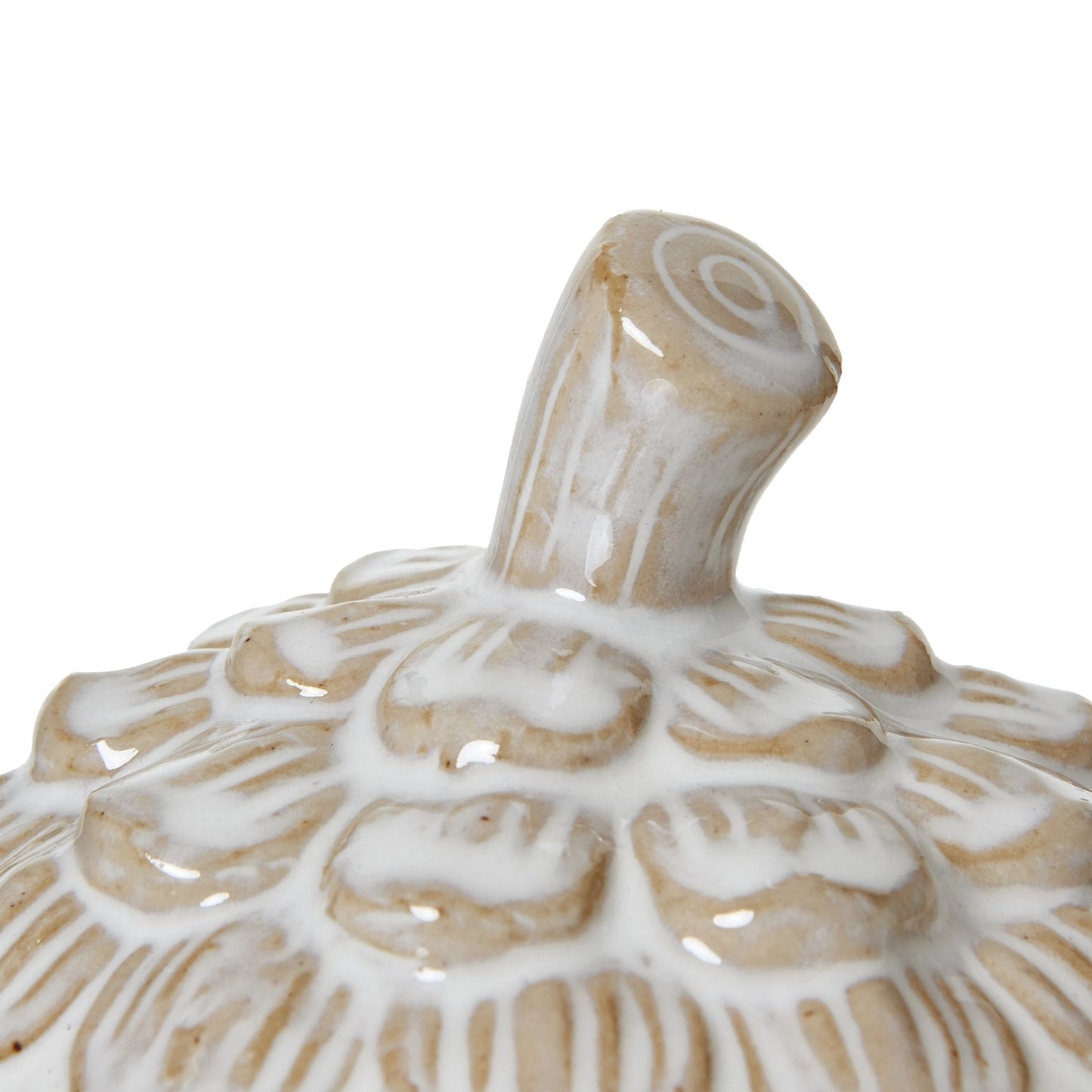 Beige & White Ceramic Pine Cone Trinket Dish with Lid - Textured Decorative Storage Jar for Home Decor 12x10cm - Click Style