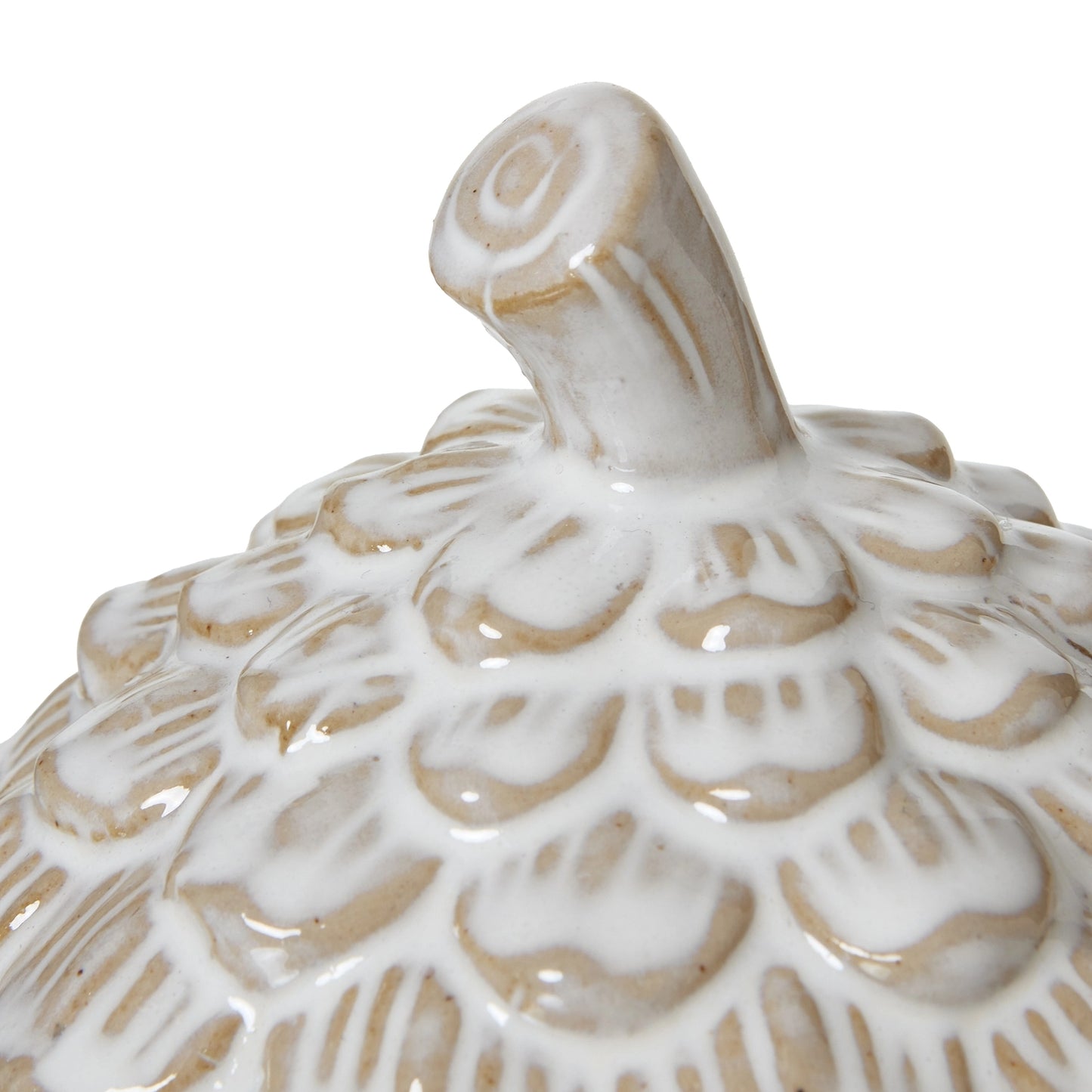 White & Beige Ceramic Pine Cone Trinket Dish with Lid - Textured Decorative Storage Jar for Home Decor 16x13cm - Click Style