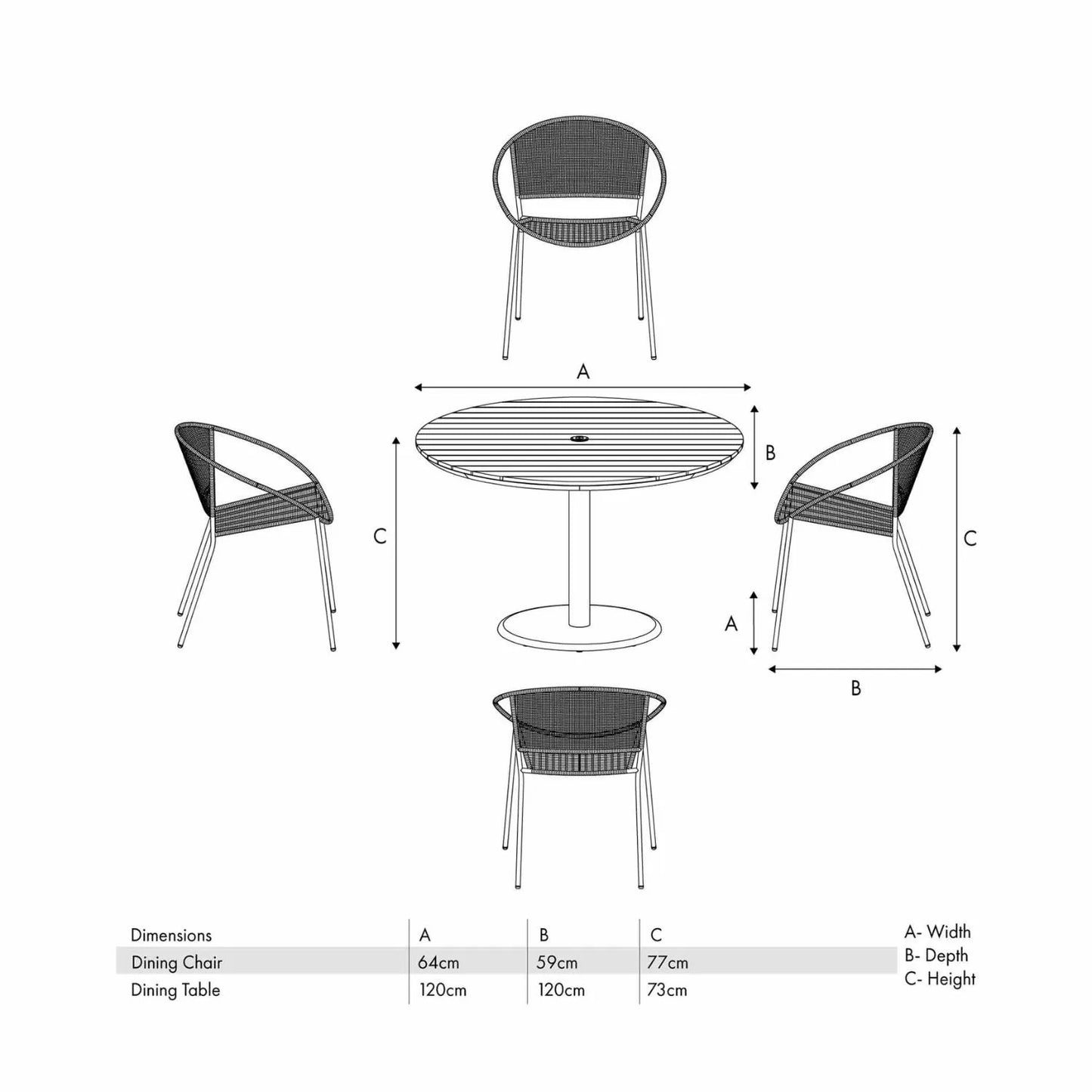 Black 4-Seater Outdoor Rope Garden Dining Set with Acacia Wood Table & Powder-Coated Aluminium Chairs Dimensions 73x120x120cm - Click Style
