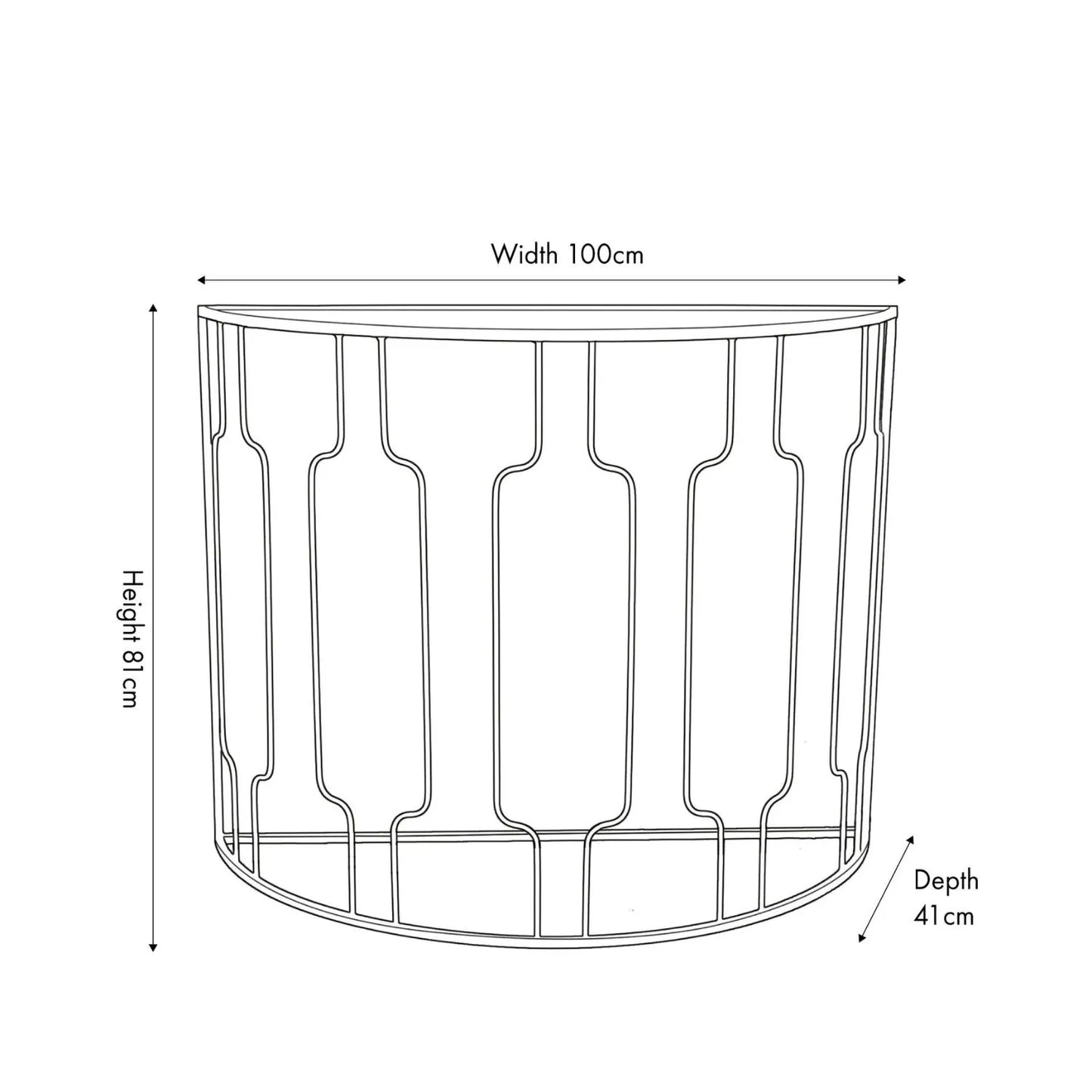 Black Graphite Metal Console Table with Mirrored Glass Top – Half Moon Art Deco-Style Hallway Table Dimensions H81xW100xD40.5cm - Click Style