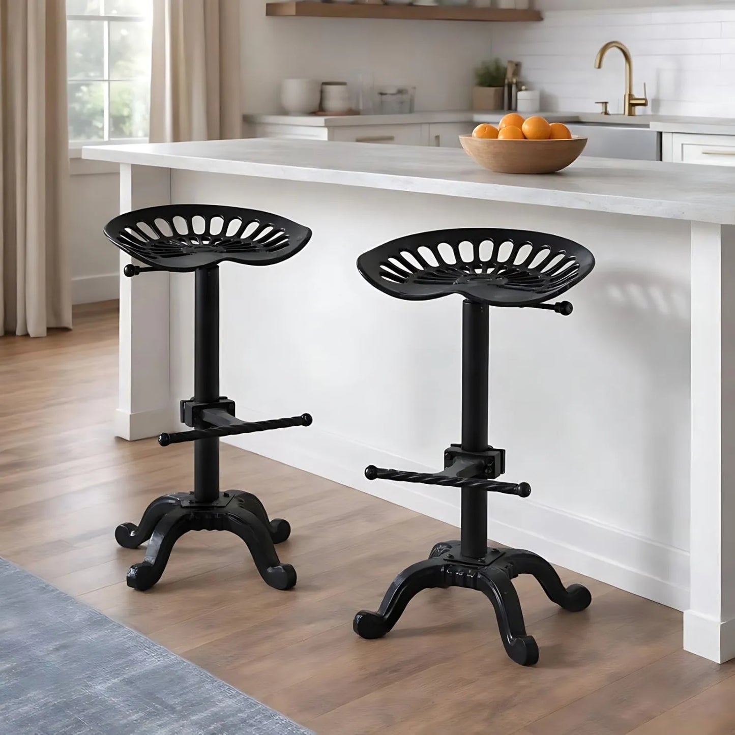 Black Industrial Style Adjustable Bar Stools with Tractor Seats at Modern Kitchen Island | Click Style