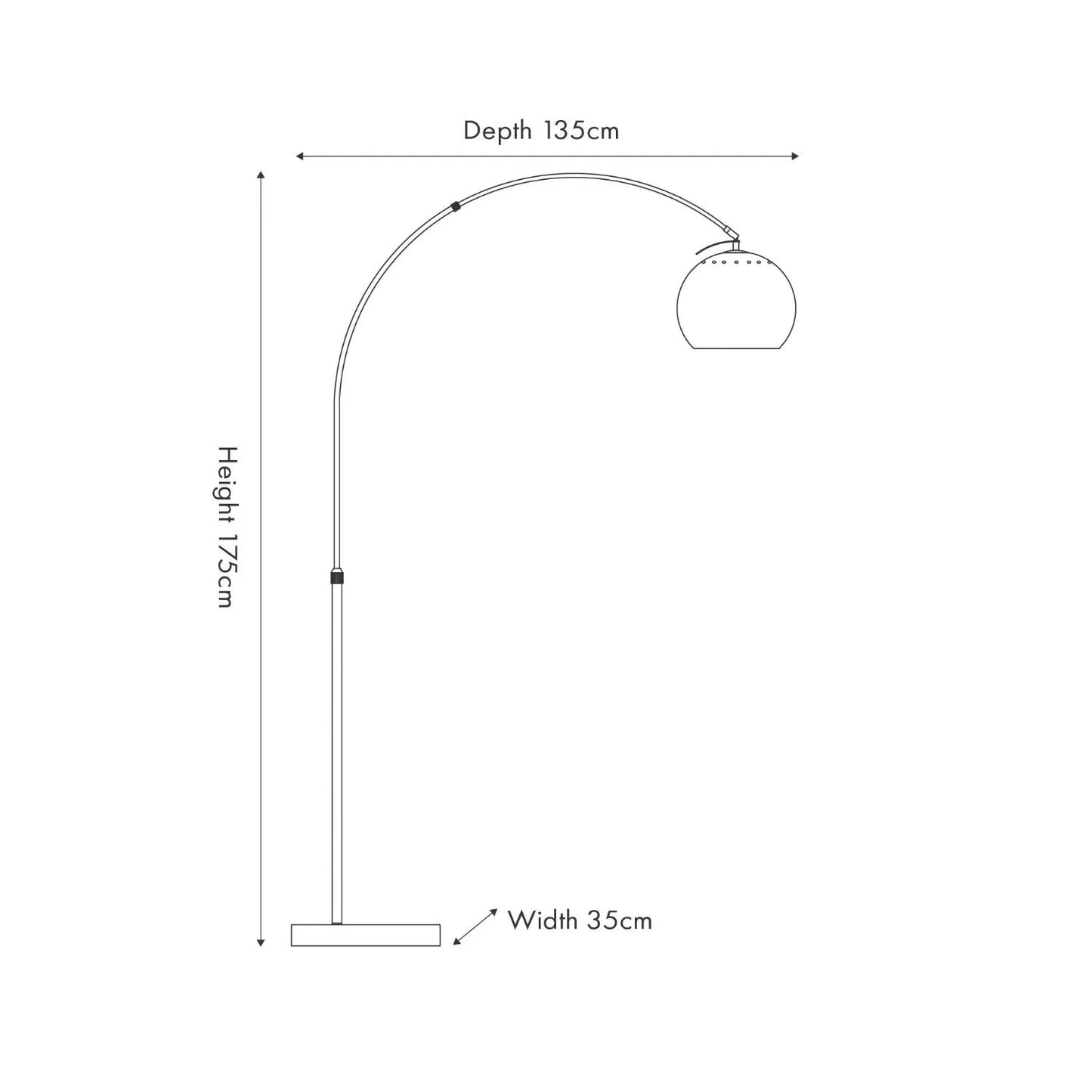 Black Marble & Matt Black Metal Arc Floor Lamp Dimensions – Floor-Standing Adjustable Lamp with Movable Head 175x135cm - Click Style