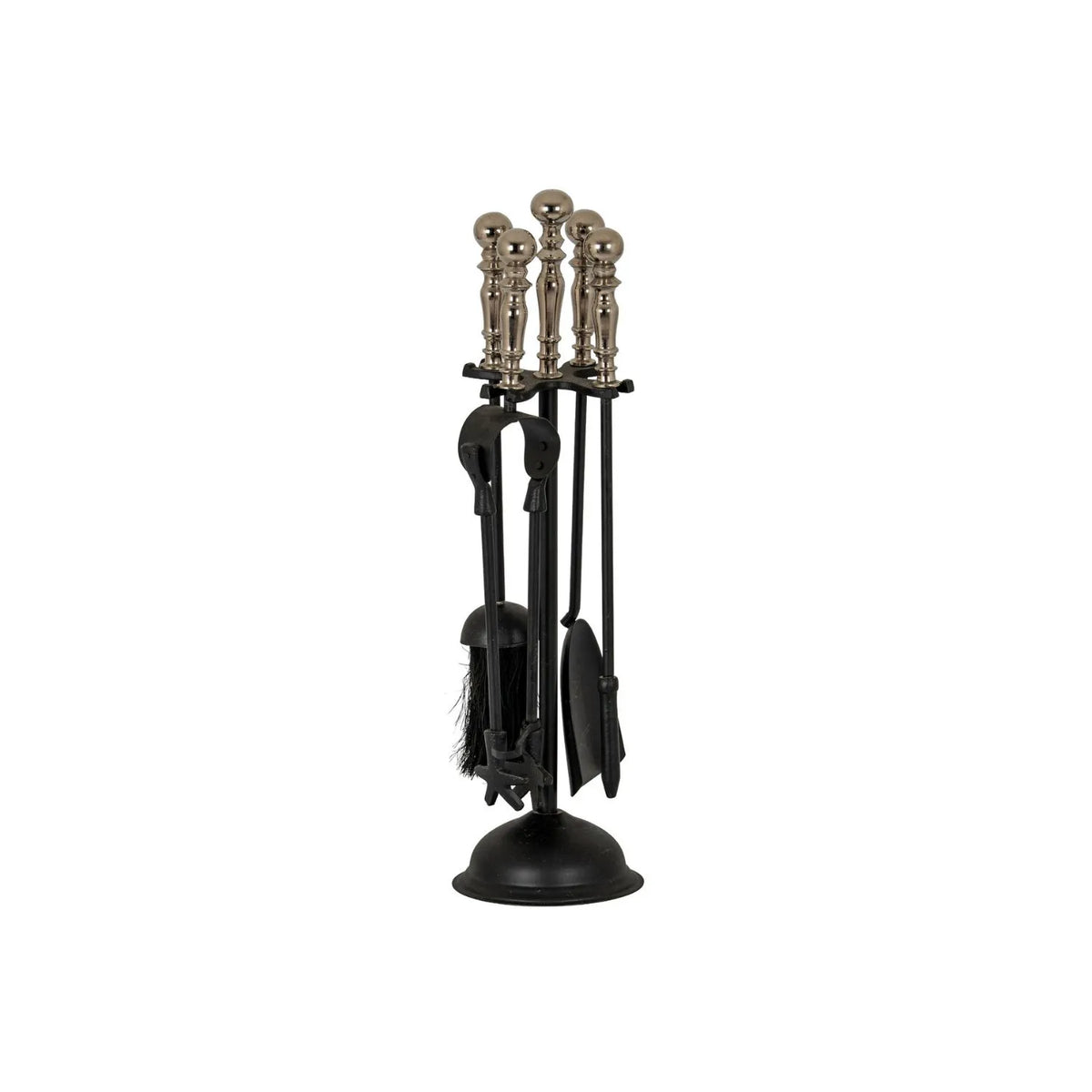 Black & Chrome Fireside Companion Set with Decorative Handles – 4 Piece Metal Fireplace Tool Set 48x13x13cm with Brush Shovel Poker & Tongs Full View | Click Style