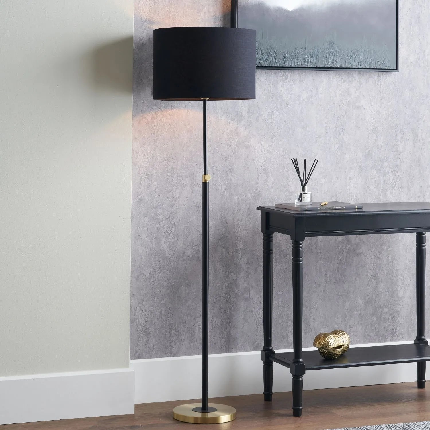 Black Gold Metal Adjustable Floor Lamp with Black Drum Lampshade