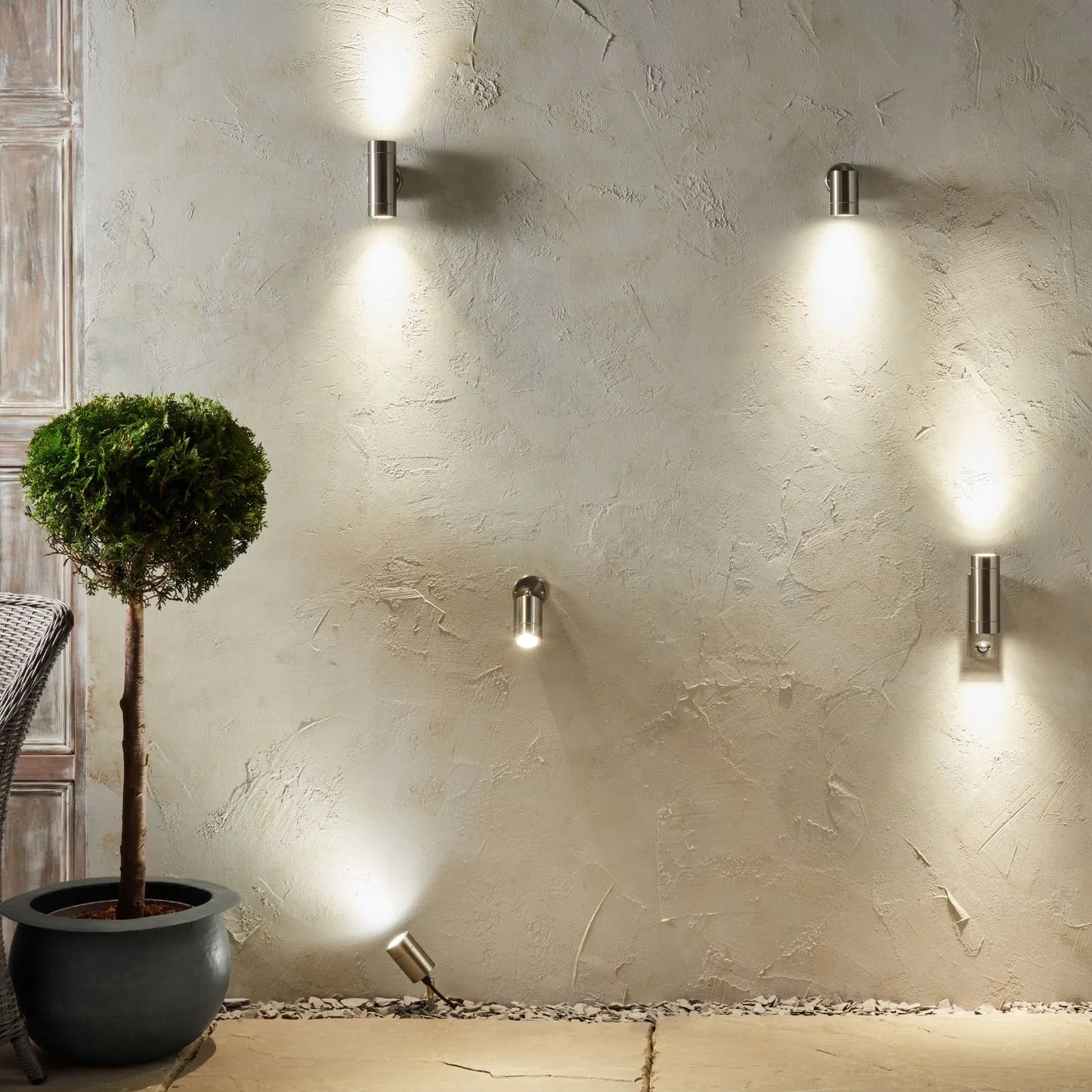 Brushed Stainless Steel Outdoor Fixed Wall Downlighter with Cylindrical Design – Modern Silver Garden Light H12xW8xD9cm - Click Style