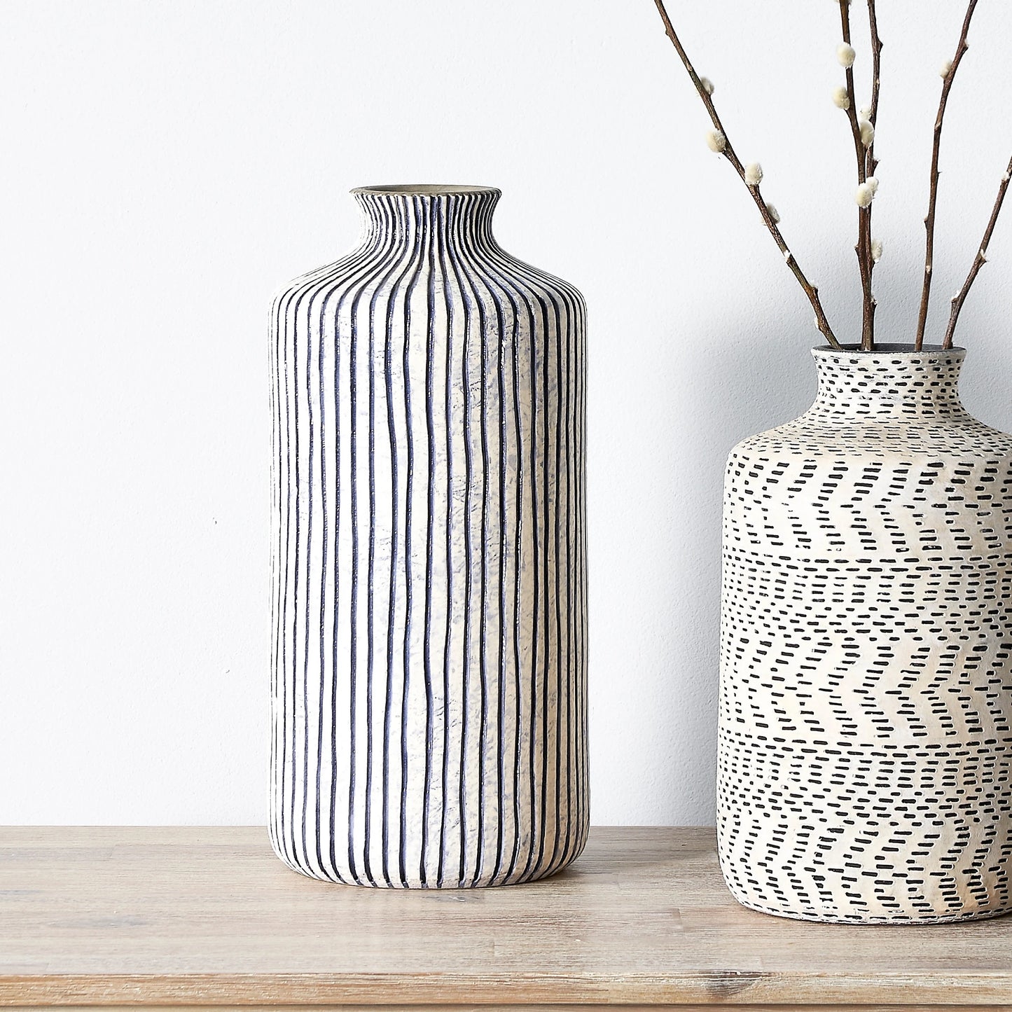 Coastal Blue & White Striped Stoneware Cylinder Vase – Modern Scandi Decorative Vase for Home Decor 36x18cm - Click Style