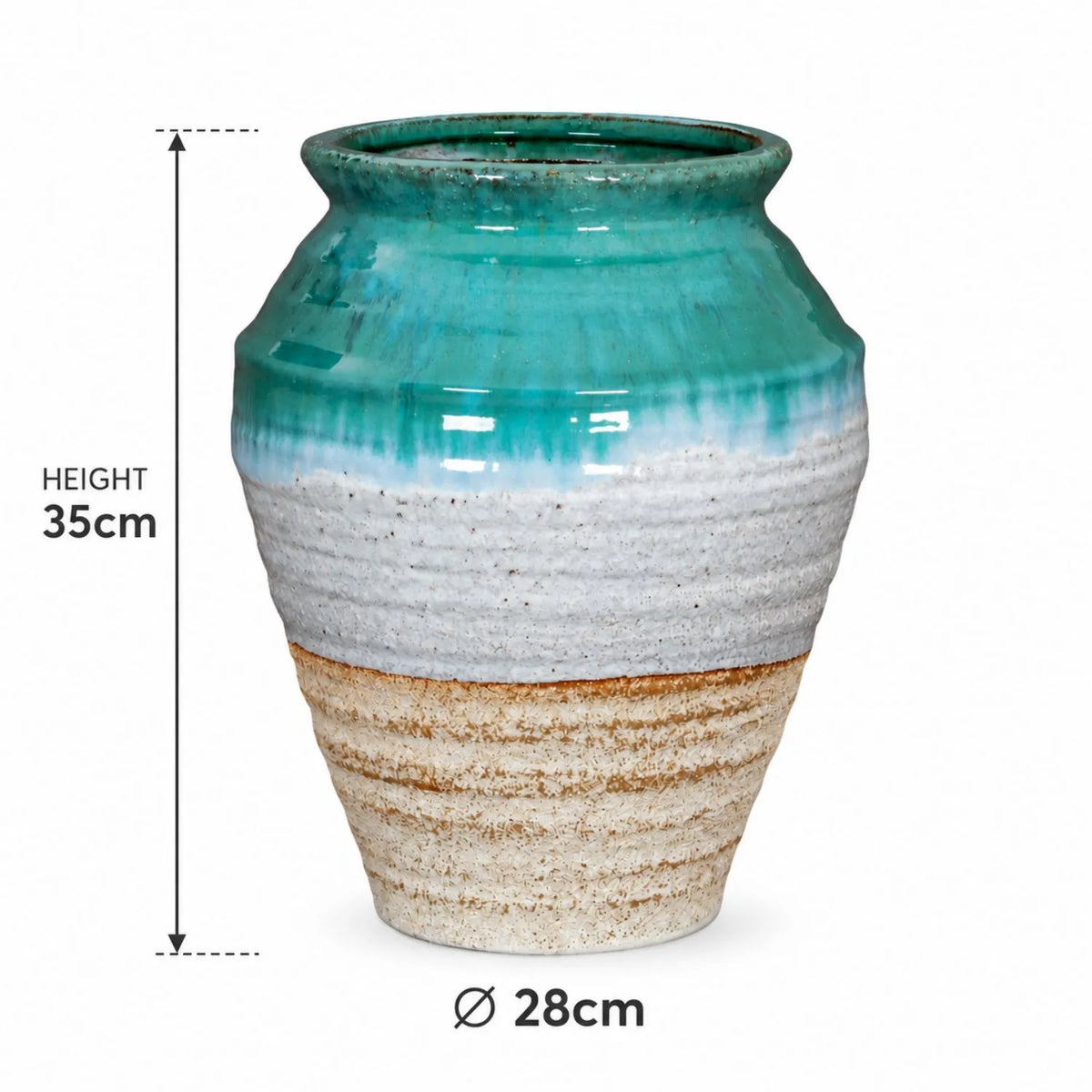 Coastal Green Teal White & Light Brown Glazed Ceramic Olpe Vase with Rolled Rim – Textured Floor Standing Vase 35x28x28cm – Dimensions Diagram 35cm Height 28cm Diameter | Click Style