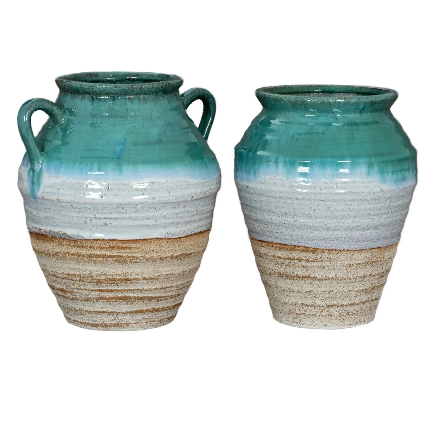 Coastal Green Teal & White Layered Glazed Ceramic Amphora Vases with Side Handles – Rustic Beach-Inspired Stoneware Pots with Sand & Stone-Toned Textured Finish 38x35x35cm | Click Style