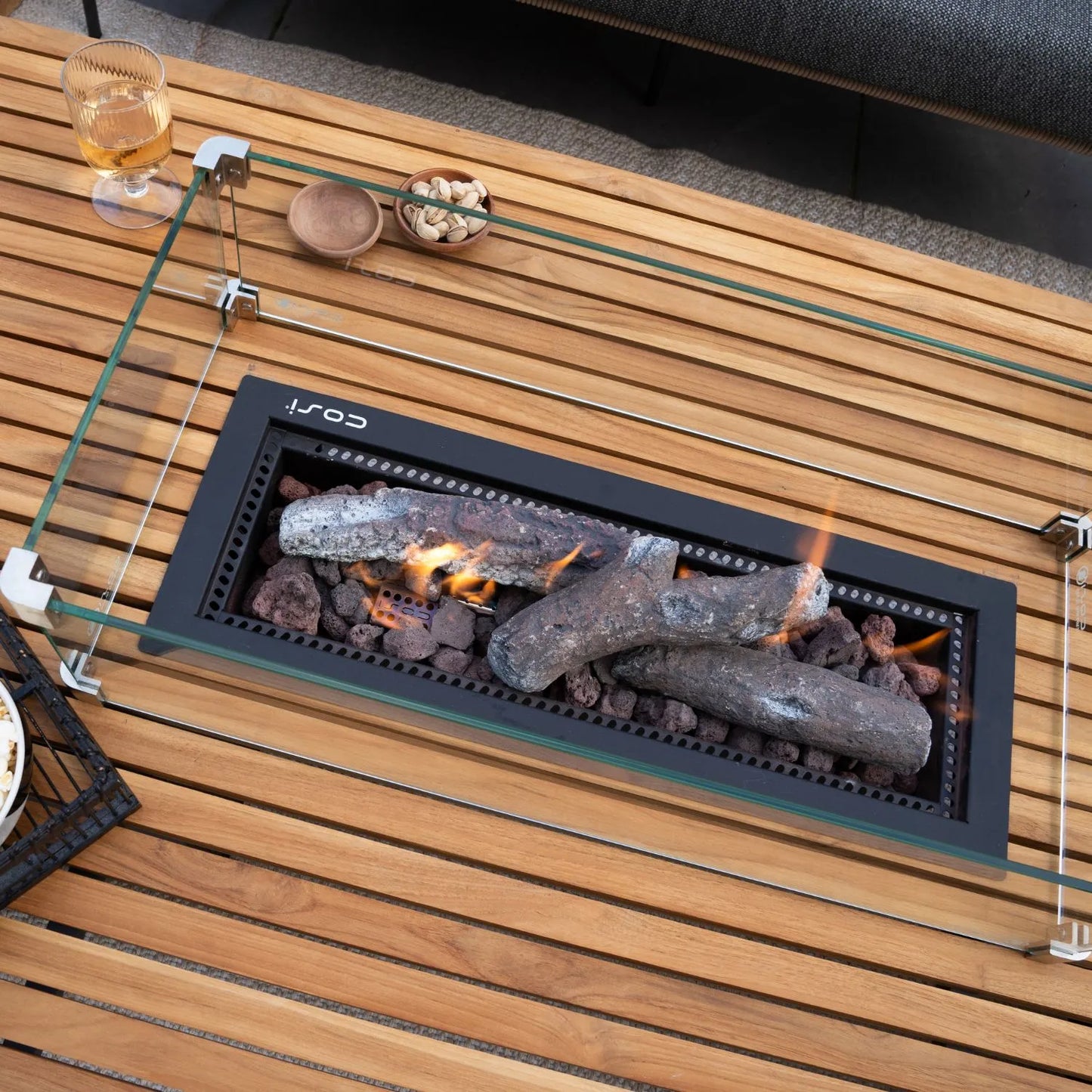 Cosibridge 140 Rectangular Outdoor Gas Fire Pit Table with Slatted Teak Wood Top & Sides – Freestanding Garden Coffee Table Firepit 50x140x80cm | Click Style