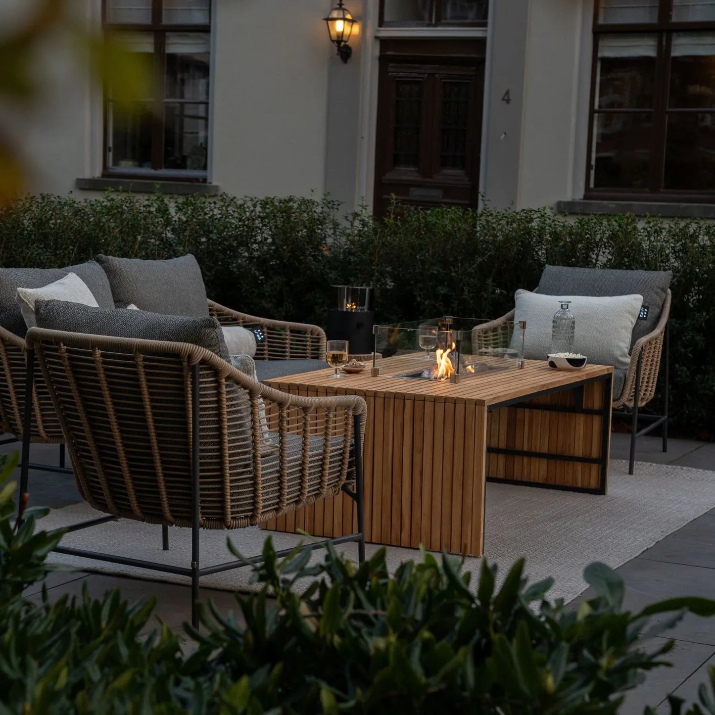Cosibridge 140 Rectangular Outdoor Gas Fire Pit Table with Slatted Teak Wood Top & Sides – Freestanding Garden Coffee Table Firepit – luxury rectangular outdoor gas fire pit table with slatted teak finish, aluminium frame, optional glass wind guard and ceramic logs, propane gas burner with lava stones, modern patio heater table styled with corner sofa seating for gardens, patios and terraces | Click Style
