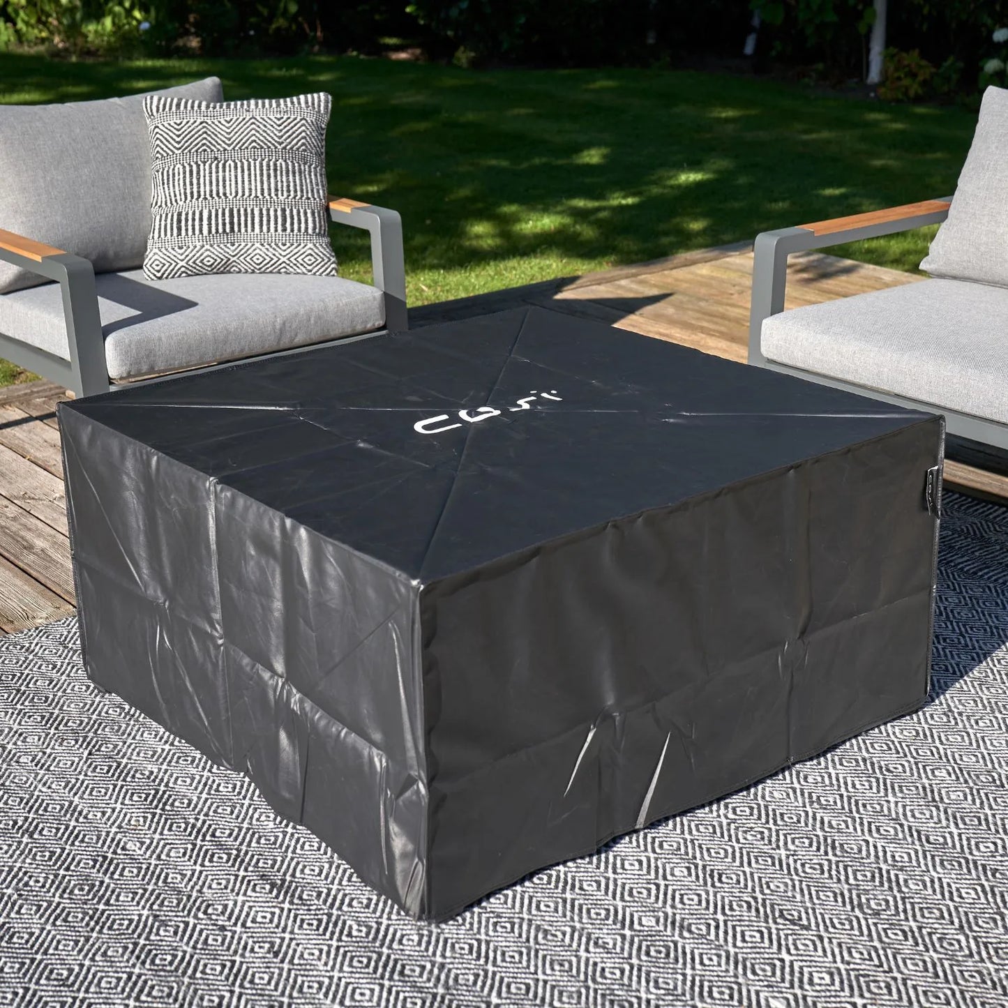 Cosiflow 100 Square Outdoor Gas Fire Pit Table with Slatted Anthracite Black Metal Base & Top – Low Freestanding Garden Coffee Table Firepit 50x100x100cm - Click Style