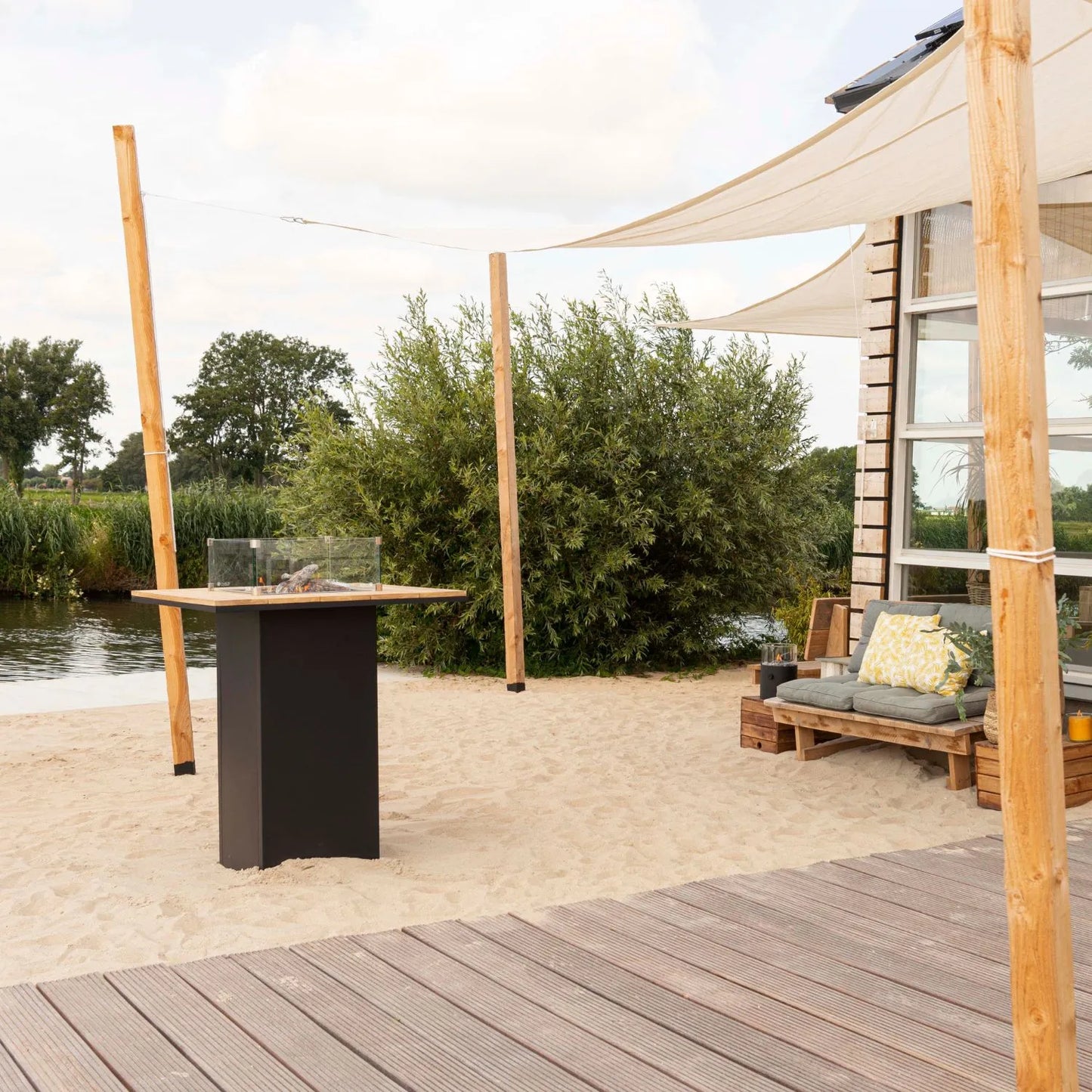 Cosiloft 100 High Outdoor Gas Fire Pit Bar Table with Black Metal Base & Teak Wood Top – Freestanding Tall Garden Firepit Table with Hidden 10kg Propane Gas Bottle Storage, Integrated Gas Burner, Adjustable Flame Control, Ceramic Logs, Lava Stones and Bar-Height Design for Patios, Pergolas, Outdoor Kitchens and Garden Bars 105x100x100cm | Click Style