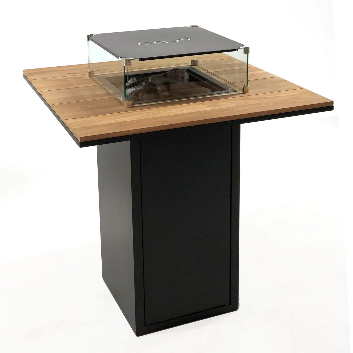 Cosiloft 100 High Outdoor Gas Fire Pit Bar Table with Black Metal Base & Teak Wood Top – Freestanding Tall Garden Firepit Table 105x100x100cm - Click Style