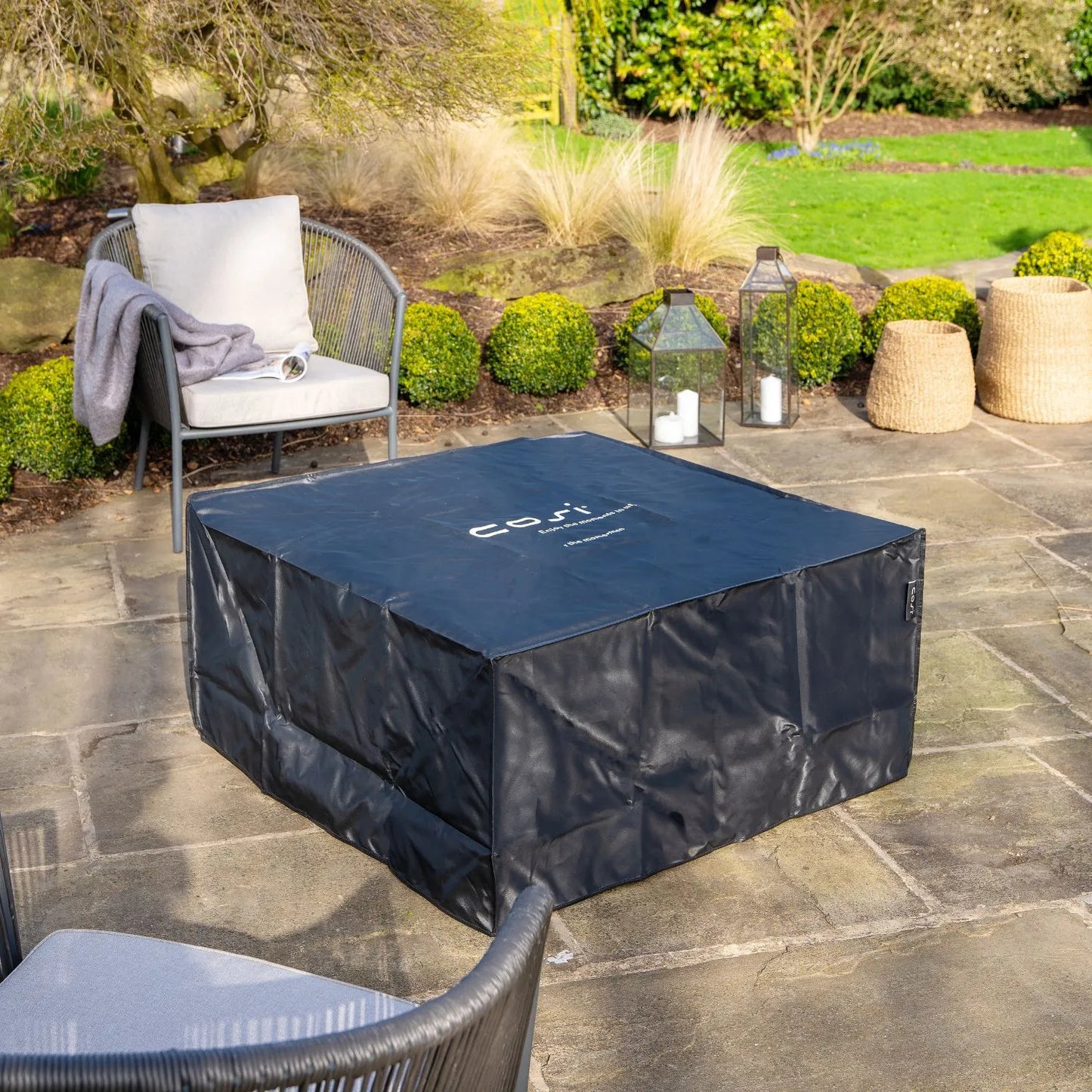 Cosiloft 100 Square Outdoor Gas Fire Pit Table with Black Metal Base & Teak Wood Top – Freestanding Garden Coffee Table Firepit 50x100x100cm - Click Style