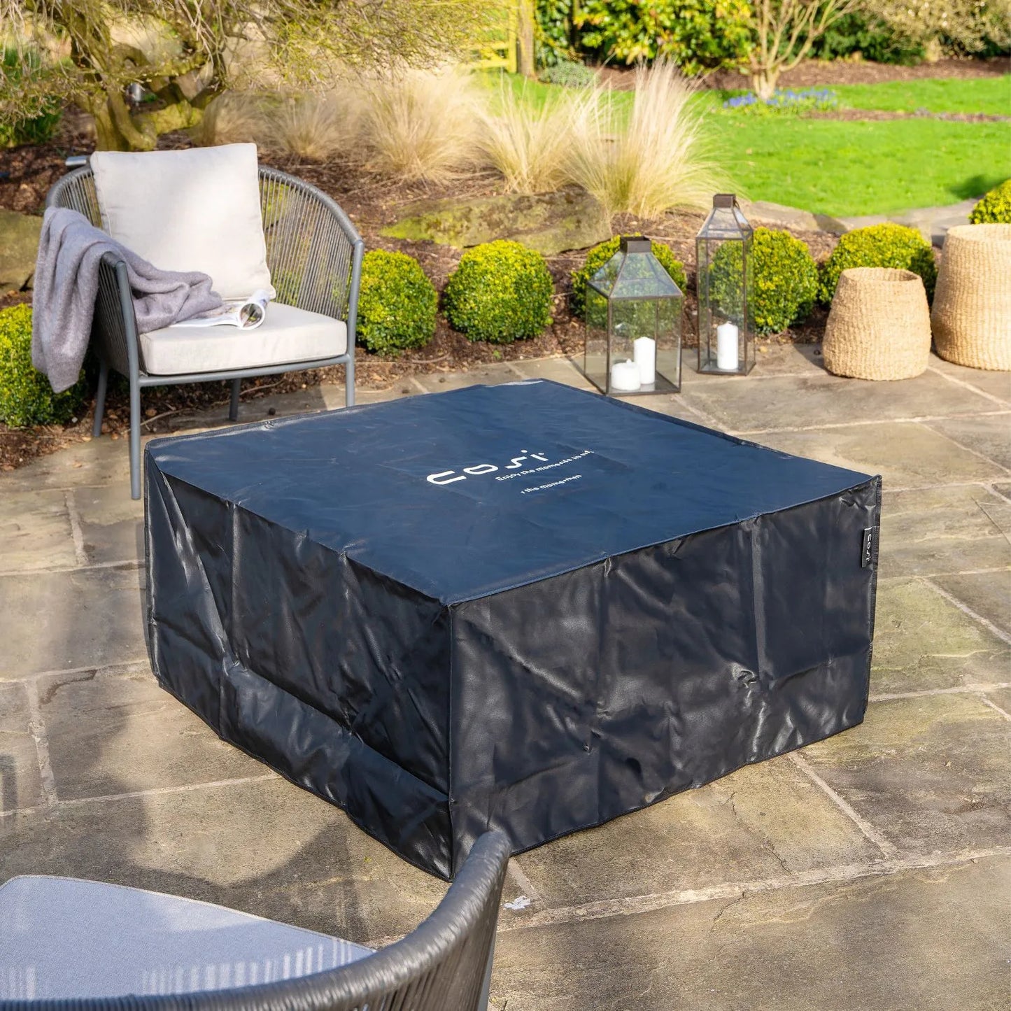 Cosiloft 100 Square Outdoor Gas Fire Pit Table with White Metal Base & Teak Wood Top – Freestanding Garden Coffee Table Firepit 50x100x100cm - Click Style