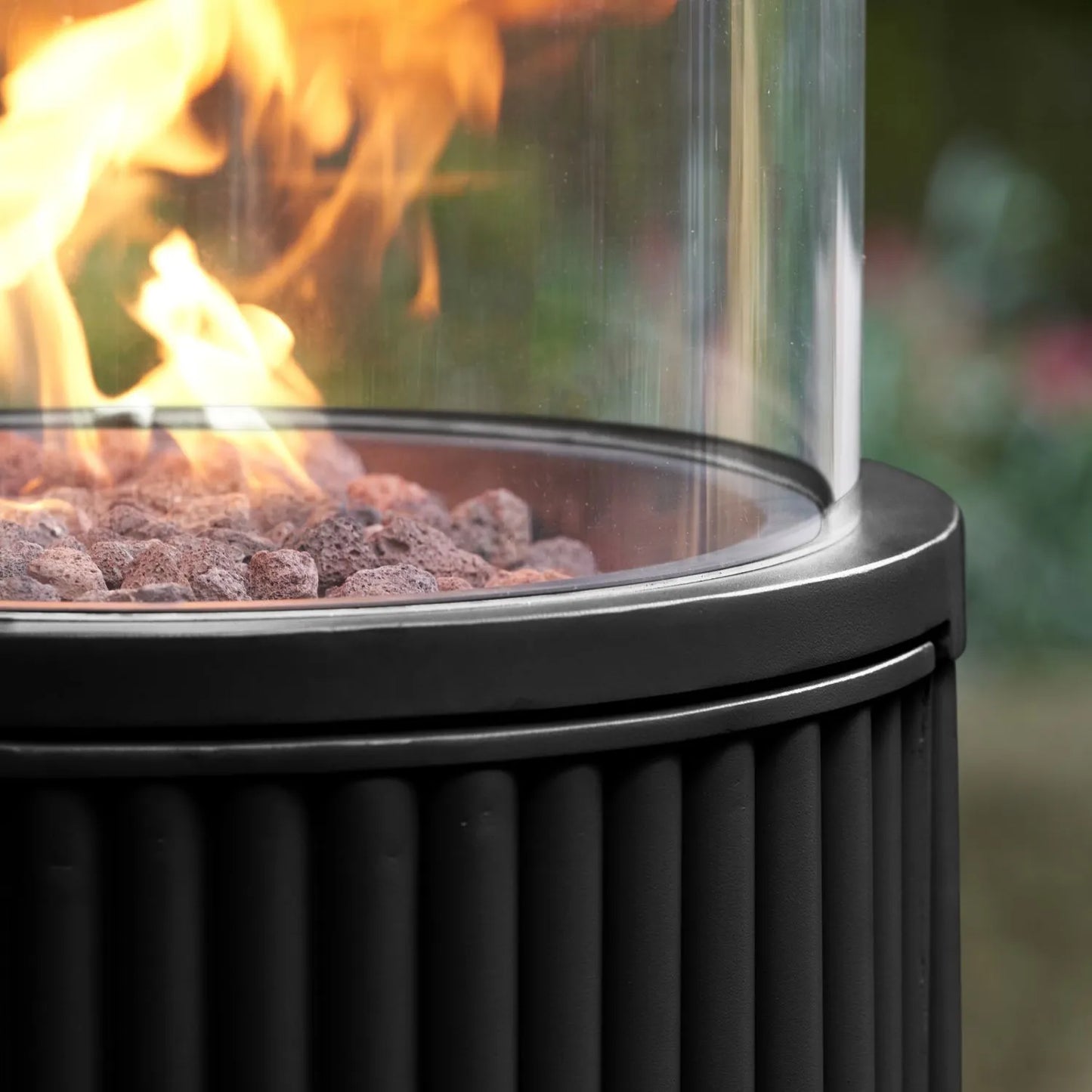 Cosipillar Matt Black Ribbed Metal Cylindrical Floor-Standing Pillar Fire Lantern with Glass Guard, Lava Stones & Lockable Wheels – Propane Gas Outdoor Heater 129x40x40cm - Click Style
