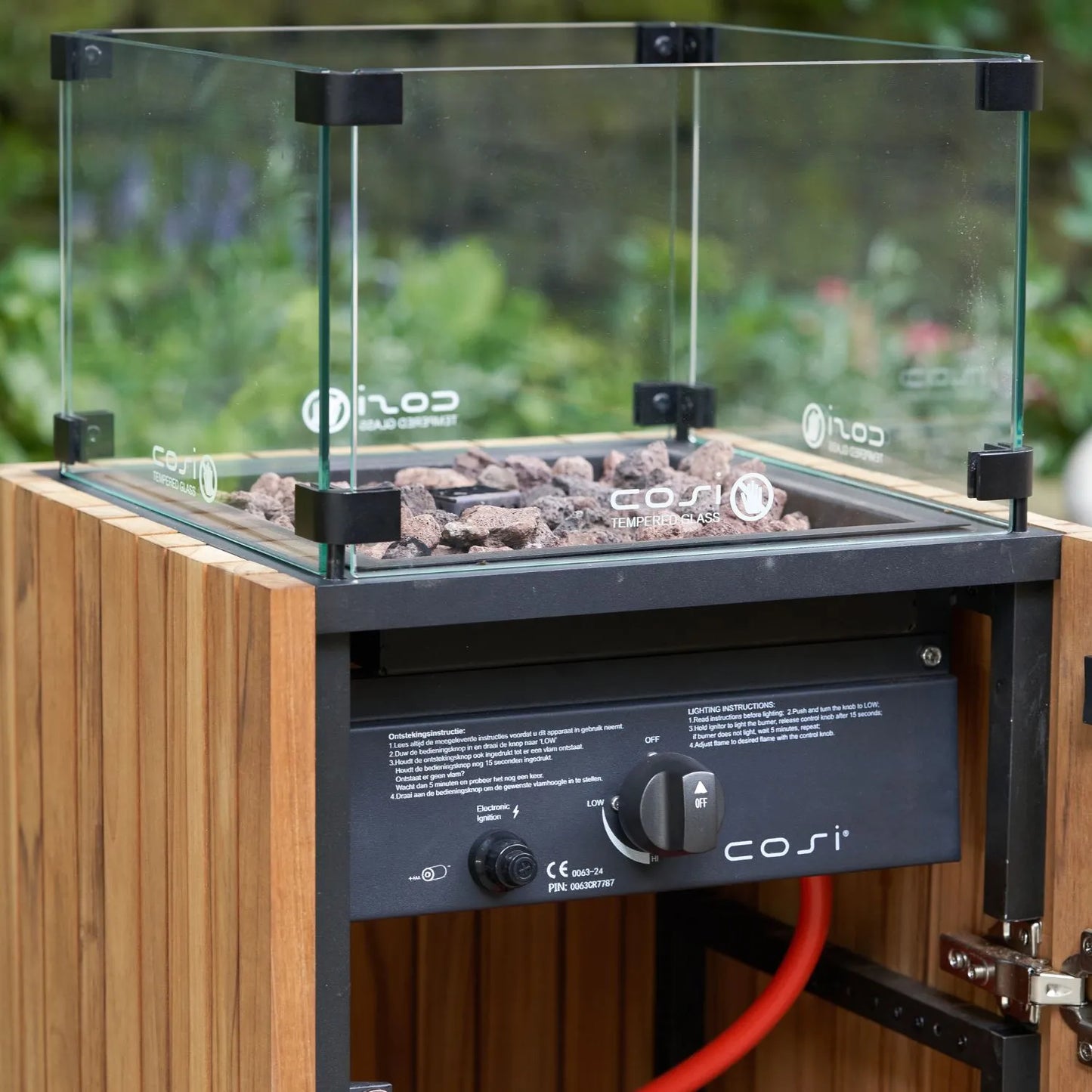 Cosipillar Teak Rectangular Wooden Floor-Standing Pillar Fire Lantern with Glass Guard, Lava Stones & Lockable Wheels – Propane Gas Outdoor Heater 129x40x40cm - Click Style