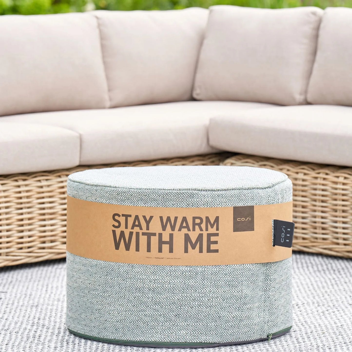 Cosipouf Green Heated Pouffe Footstool – Indoor & Outdoor Round Seat with Infrared Heating & Rechargeable Battery Ø60xH38cm - Click Style