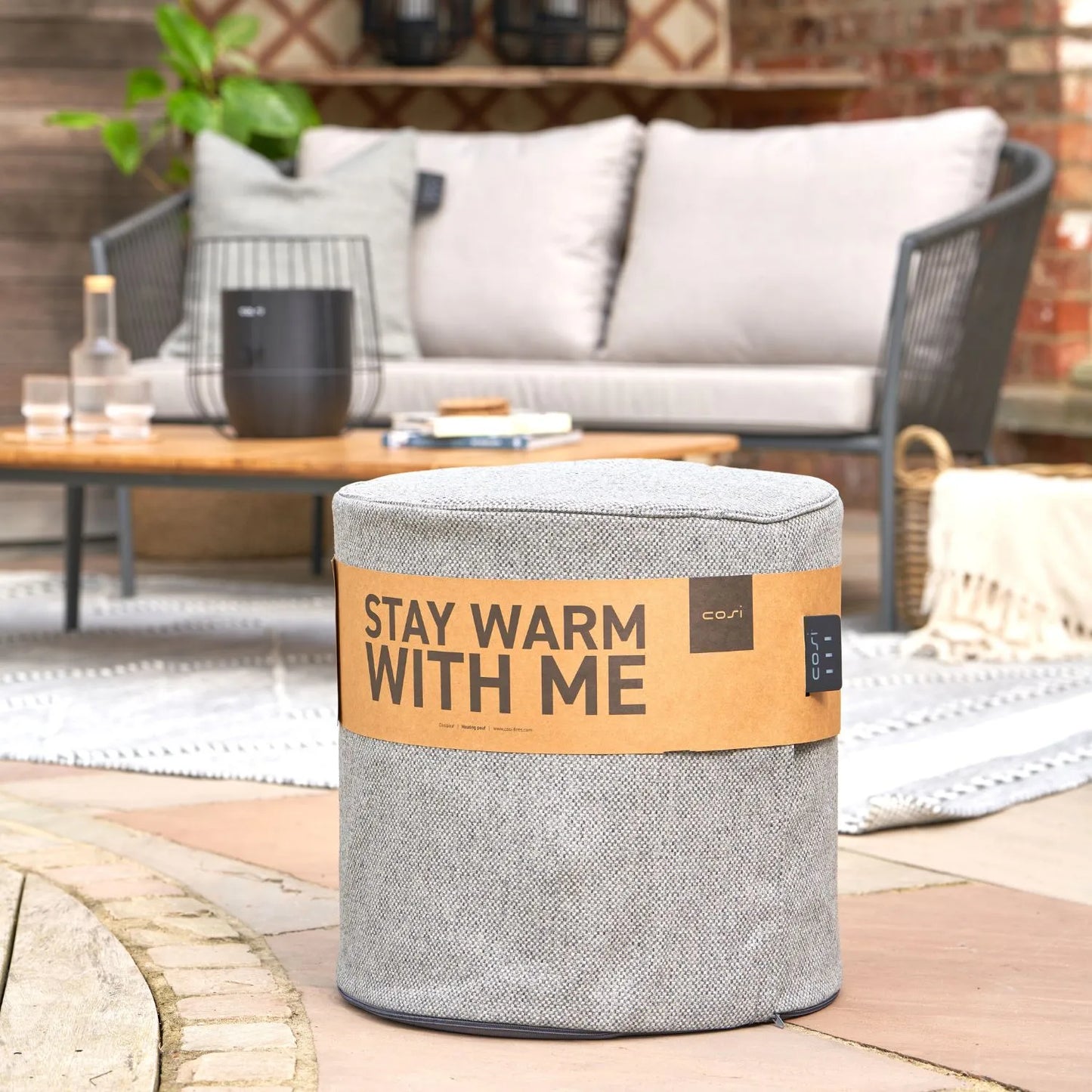 Cosipouf Grey Heated Pouffe Footstool – Indoor & Outdoor Round Seat with Infrared Heating & Rechargeable Battery Ø45xH45cm - Click Style
