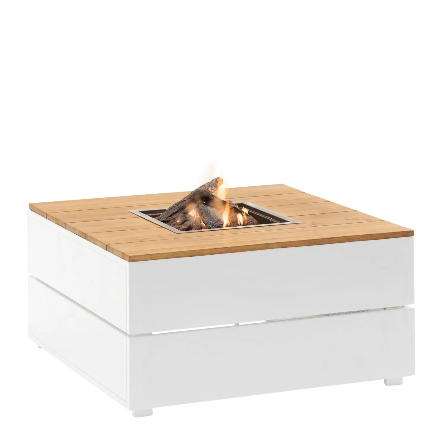 Cosipure 100 Square Outdoor Gas Fire Pit Table with White Metal Base & Teak Wood Top – Low Garden Coffee Table Firepit 50x100x100cm - Click Style