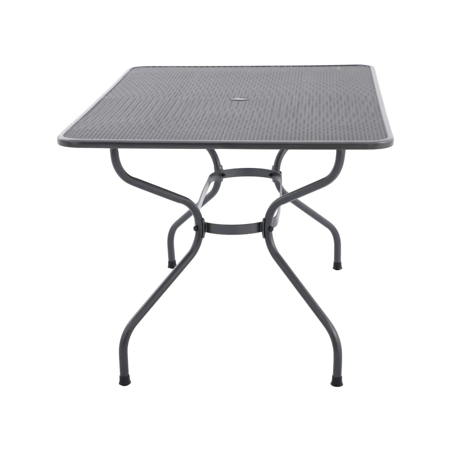 Dark Grey 6-Seater Rectangular Metal Garden Dining Set with Floral Detail & Striped Grey and White Seat Cushions – Powder-Coated Steel Table & Chairs 74x145x90cm - Click Style