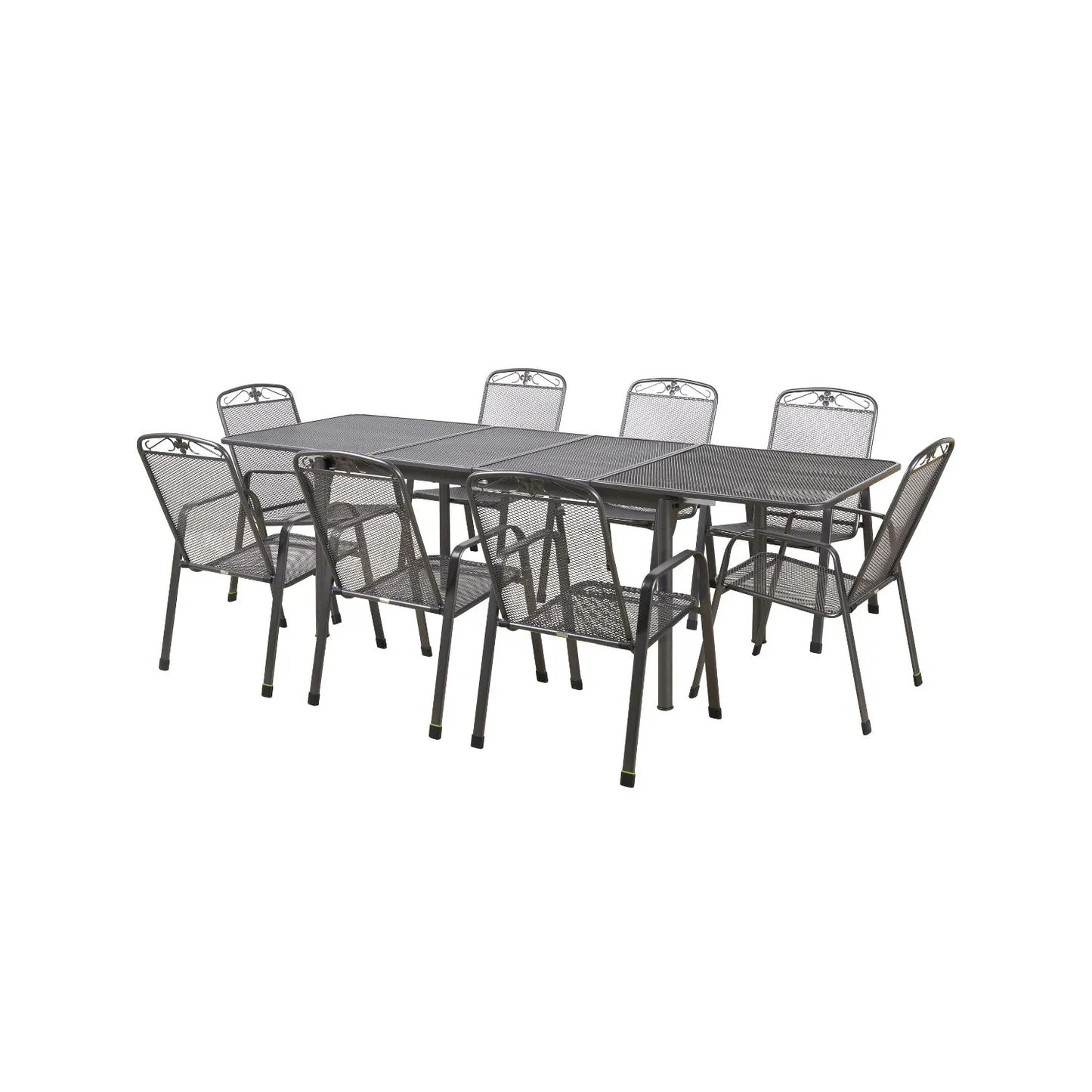 Dark Grey 8-Seater Extendable Rectangular Metal Garden Dining Set with Floral Detail & Striped Grey and White Seat Cushions – Powder-Coated Steel Table & Chairs 76x261x90cm - Click Style