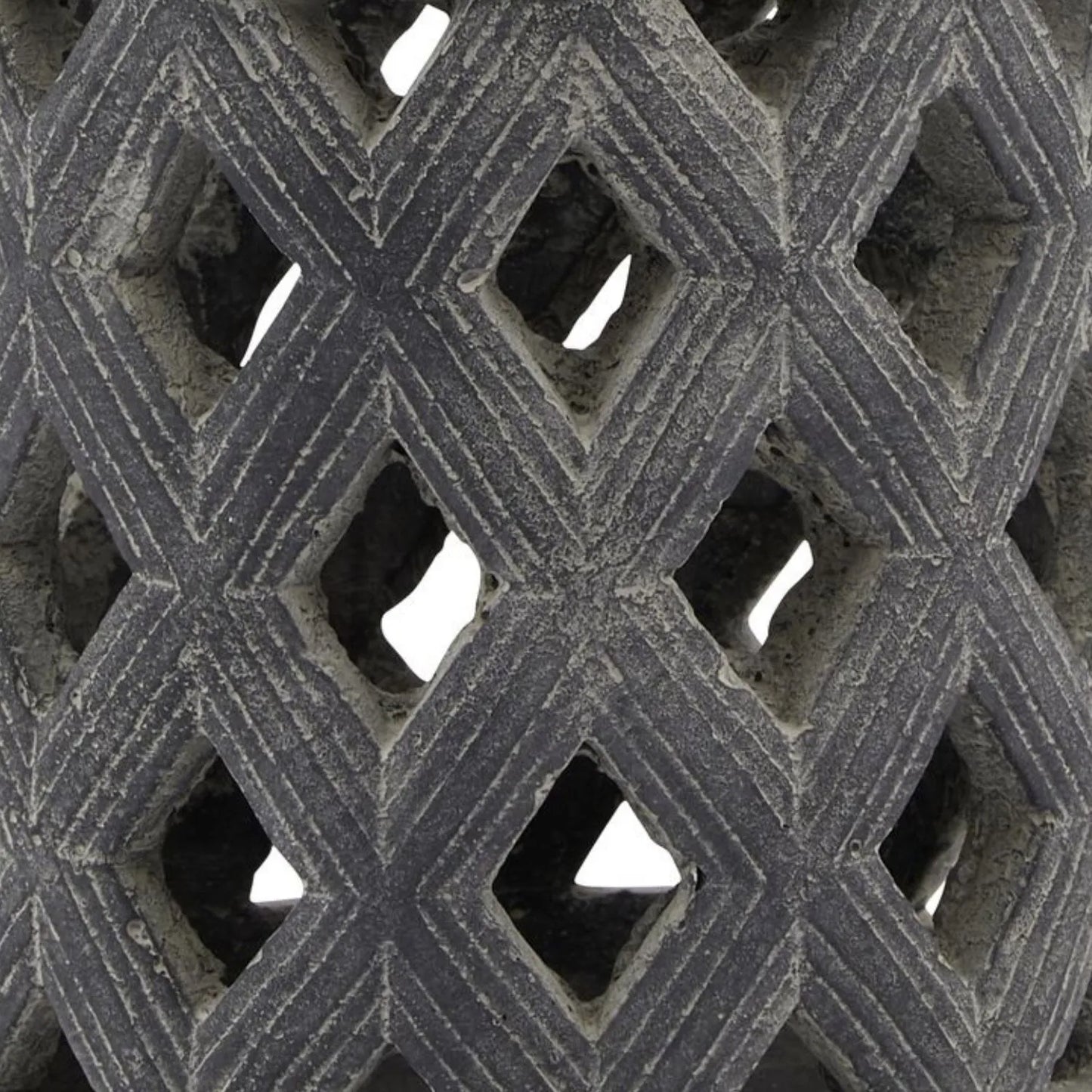 Dark Grey Stone-Effect Tall Lattice Lantern with Diamond Cut-Outs – Textured Mediterranean Ceramic Candle Holder 23x17x17cm - Click Style