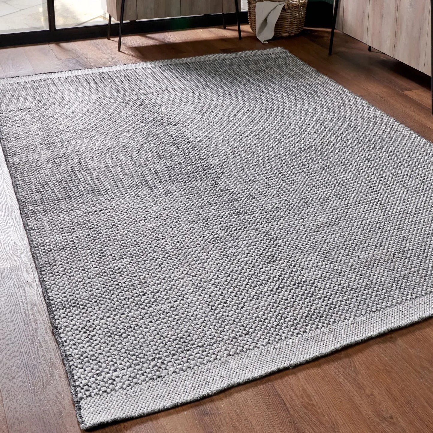 Dark Grey & White Rectangular Indoor Outdoor Garden Rug
with Basket Weave Design – Recycled Weather-Resistant & Durable 230x160cm - Click Style