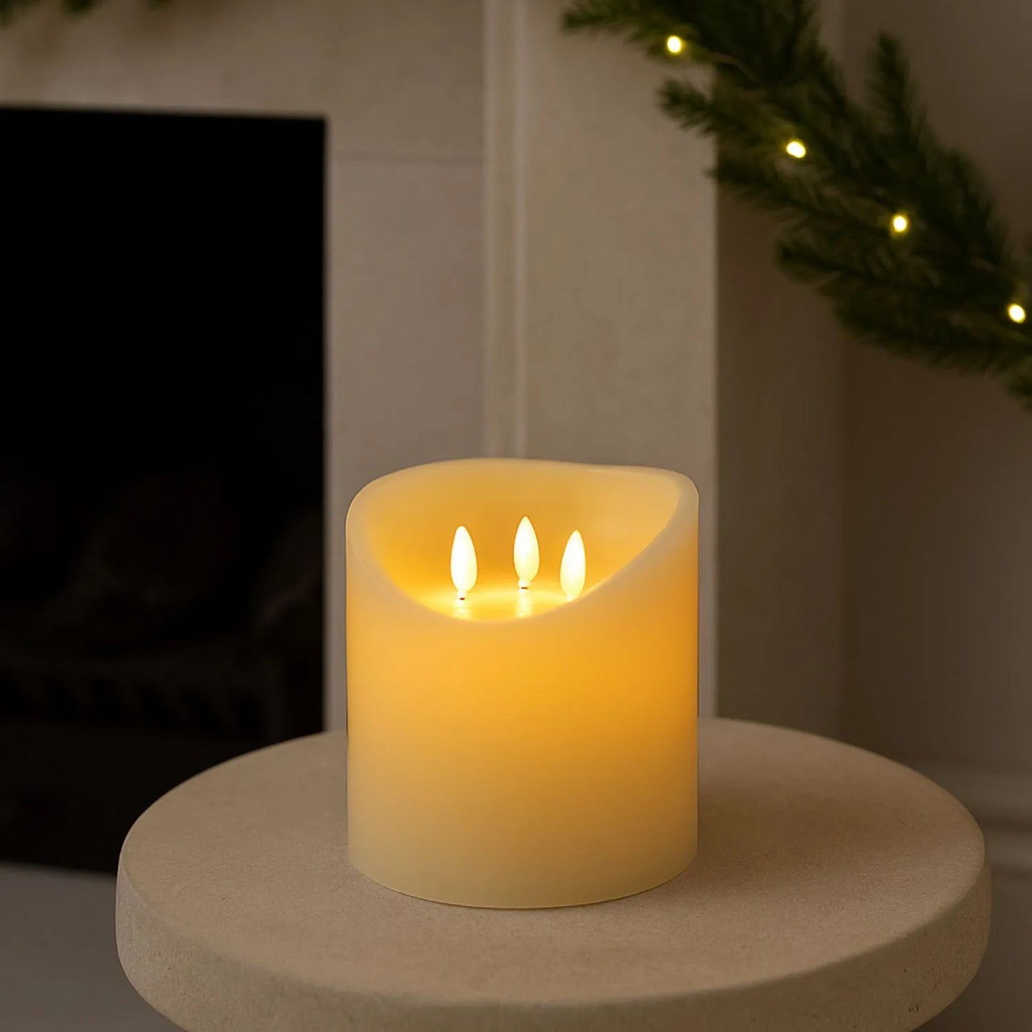 Extra-Wide Cream Melted-Effect Real Wax LED Flameless Pillar Candle with 3 Wicks & Realistic Flickering Flames – Battery Operated Decorative Light 15x15x15cm | Click Style