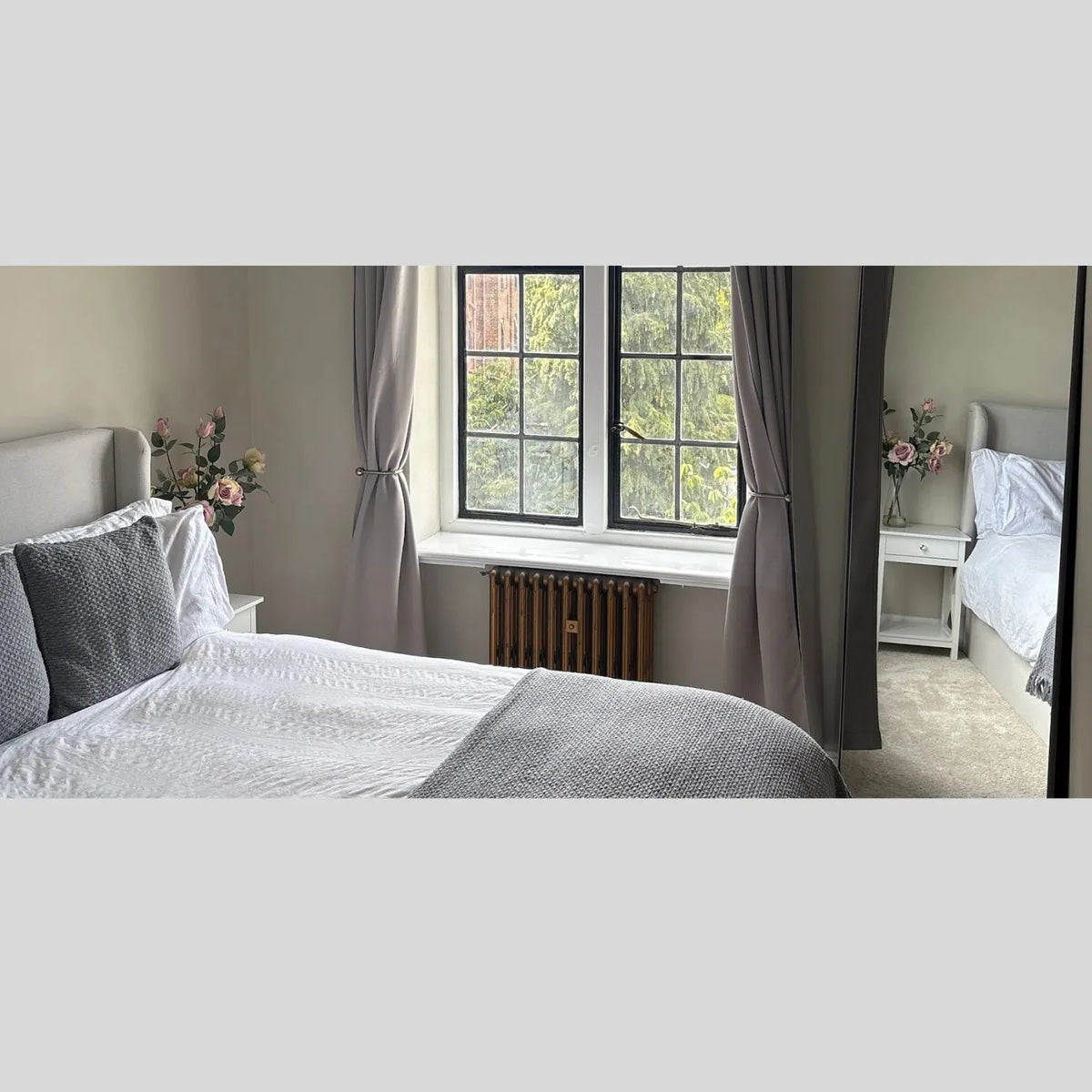 Full Length Arched Brushed Silver Metal Slim Framed Leaner Mirror 200x70x3cm in Neutral Bedroom with Grey Curtains & Upholstered Bed | Click Style | Google 5 Star Review Happy Customer Real Home Photo