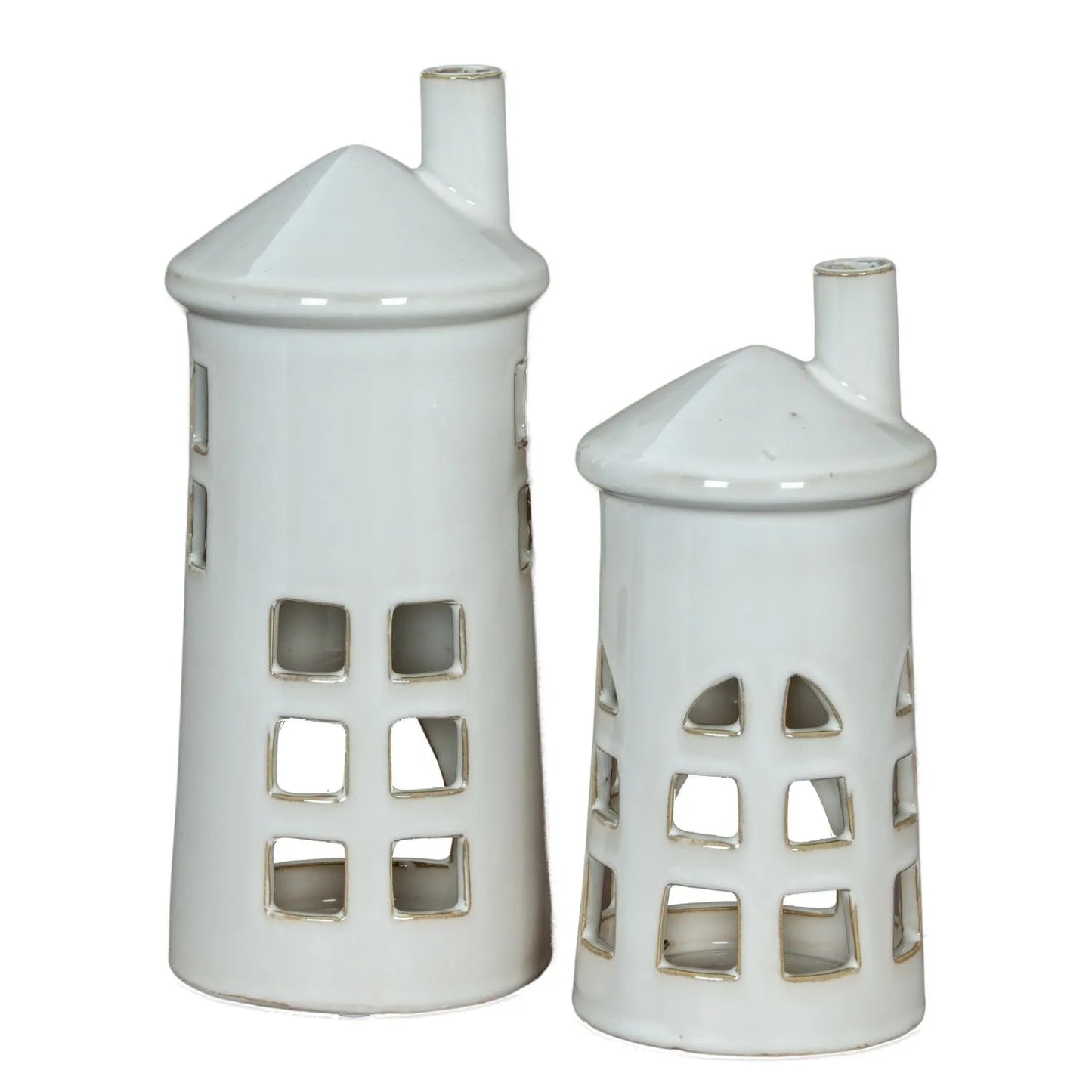 Glazed White Ceramic Lighthouse Tealight Holder with Chimney Cut-Out Windows & Door – Large Coastal Nautical Candle Holder 28x11x11cm | Click Style
