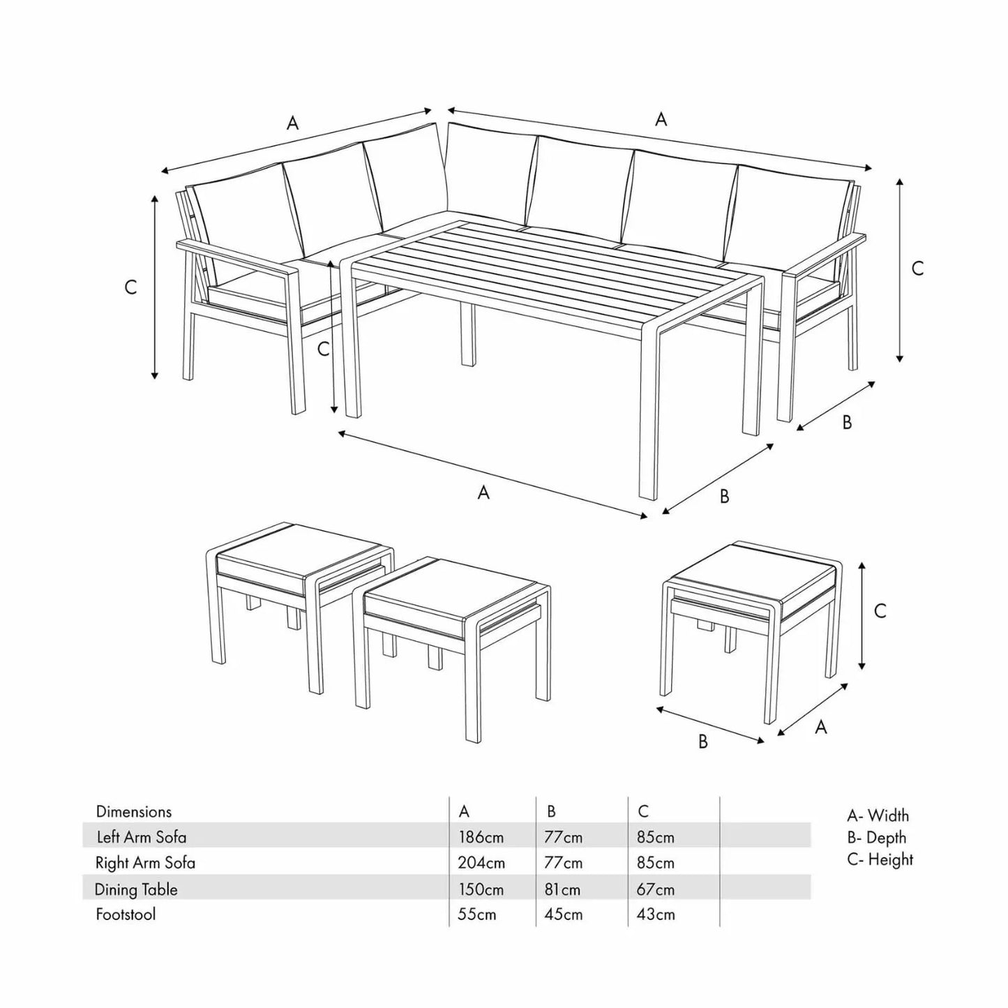 Grey & Cream 8-Seater Outdoor Garden Corner Sofa Dining Set with Cushions – Aluminium Frame, Polywood Table & Footstools, Luxury Corner Lounge Dining Set with Season-Proof Cushions, Modern Garden Furniture for Patios, Decking, Terraces & Outdoor Dining Dimensions | Click Style