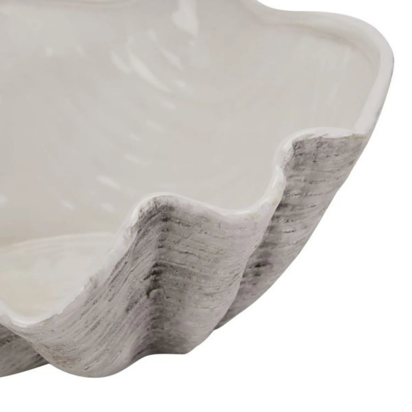 Grey & White Ceramic Decorative Clam Shell Bowl – Large Coastal Shell Shaped Centrepiece Vase & Decorative Ornament for Coastal & Neutral Home Interiors 40x40x16cm – handcrafted watertight ceramic shell bowl with textured finish in soft grey and white tones, ideal for styling dining tables, coffee tables, consoles, bathrooms and luxury coastal-inspired décor | Click Style