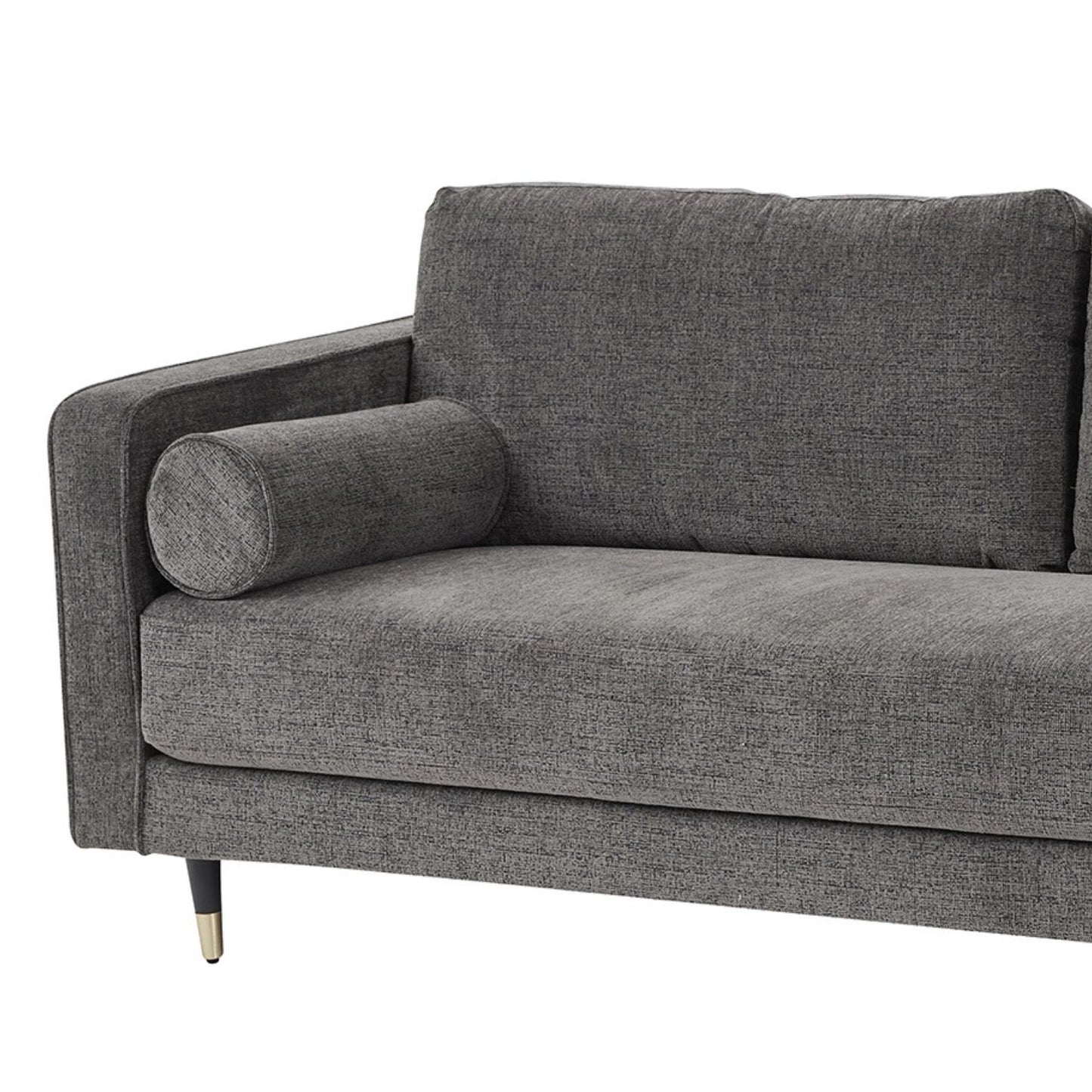 Grey Upholstered 3-Seater Sofa with Bolster Cushions – Large Fabric Couch with Black & Silver Legs 89x91x210cm - Click Style