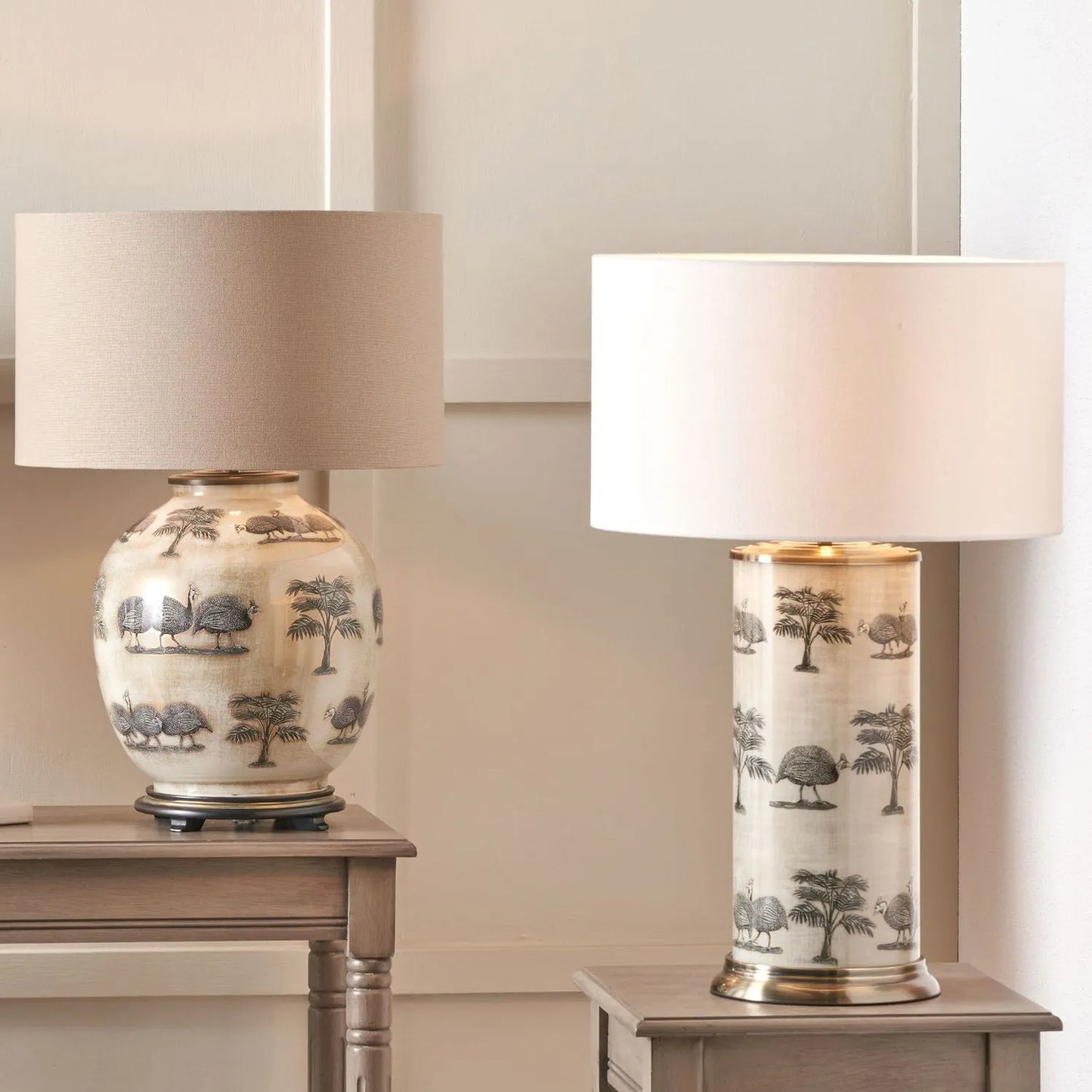 Guinea Fowl Cream Champagne & Gold Glass Table Lamp with 40cm Beige Taupe Handloom Drum Shade – Handcrafted Bulbous Statement Lighting 61x40x40cm