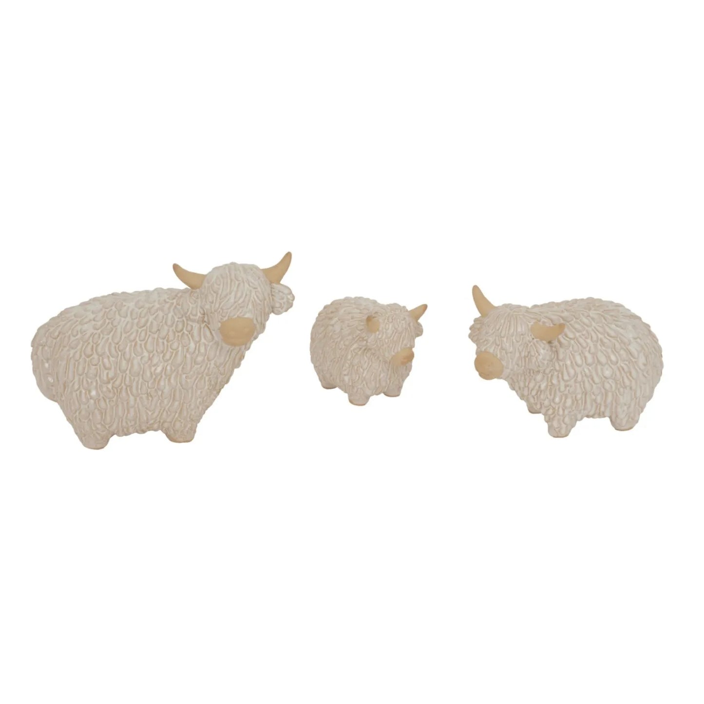 Large Neutral White Ceramic Highland Cow Ornament with Textured Shaggy Coat & Horns – Rustic Farmhouse Decorative Sculpture 17x24x12cm | Click Style