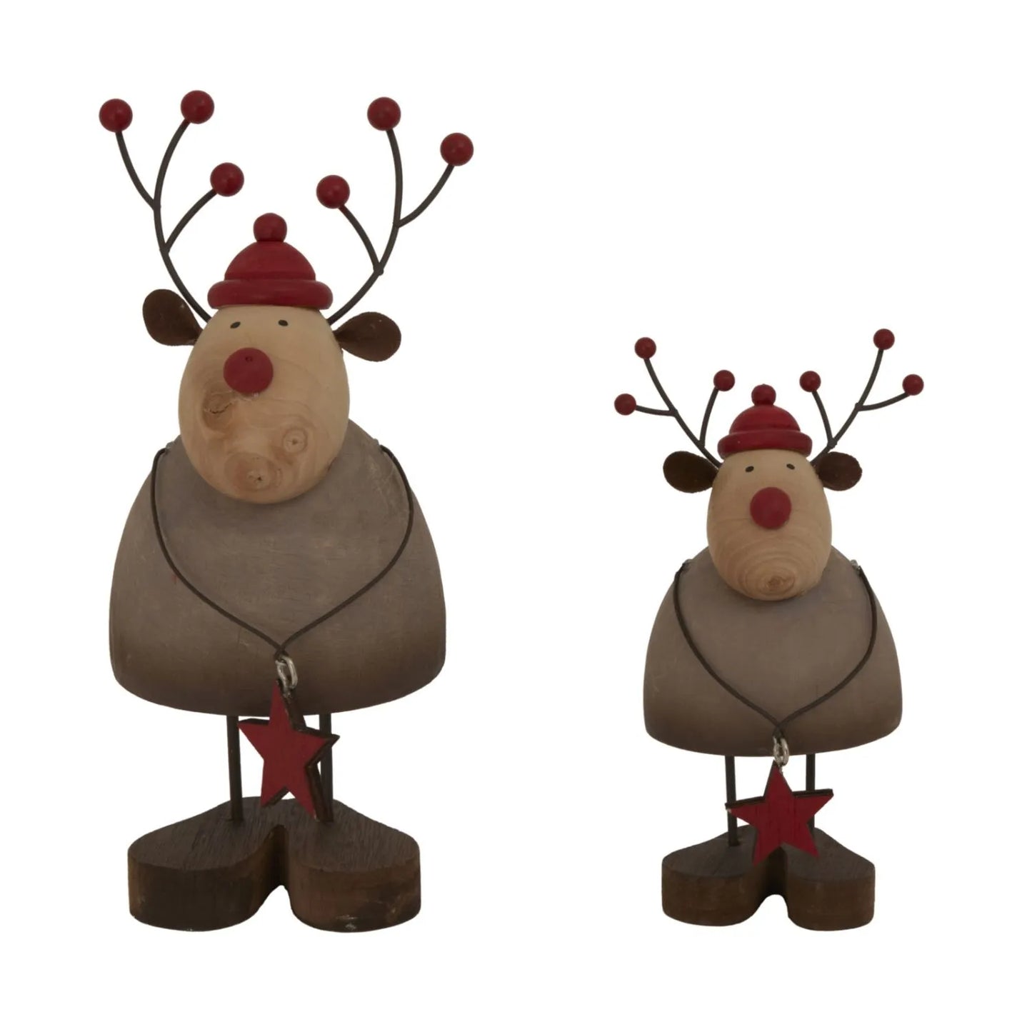 Large & Small Rustic Standing Wooden & Metal Reindeer Ornaments with Red Bobble Hats & Star Pendants – Weathered Scandi Festive Christmas Decorations | Click Style