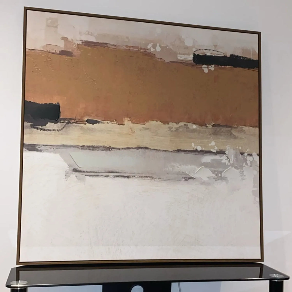 Large Terracotta Beige Grey Black & White Square Abstract Canvas Wall Art with Oak-Effect Frame – Modern Statement Artwork 100x100x4cm – Customer Photo in a Real Home Before Hanging | Click Style