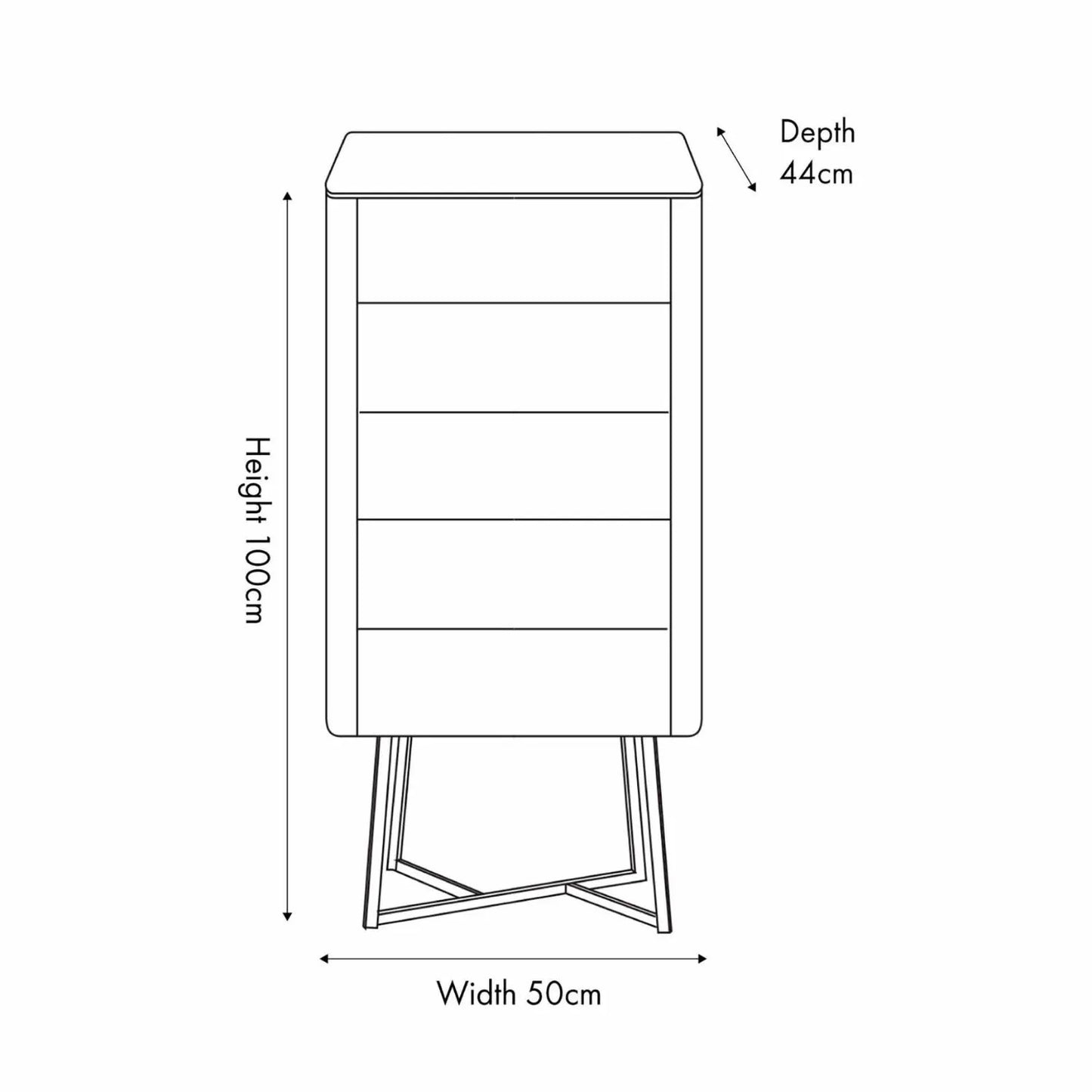 Light Grey Oak Veneer 5 Drawer Chest of Drawers with Tapered Black Metal Legs – Scandinavian Tallboy Unit H100xW50xD40cm – Grey Oak Veneer Tall Chest with Handle-Free Drawers & Black Steel Frame Dimensions | Click Style