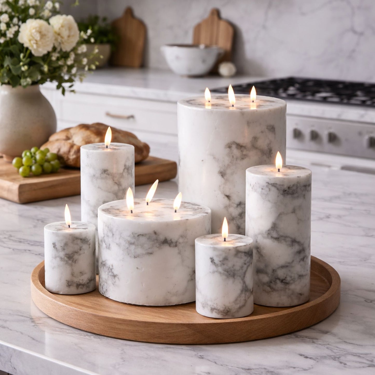 Marble-Effect LED Pillar Candle with Flickering Flame, Real Wax, Batteries Included with Built-In Timer 10x7.5cm | Click Style